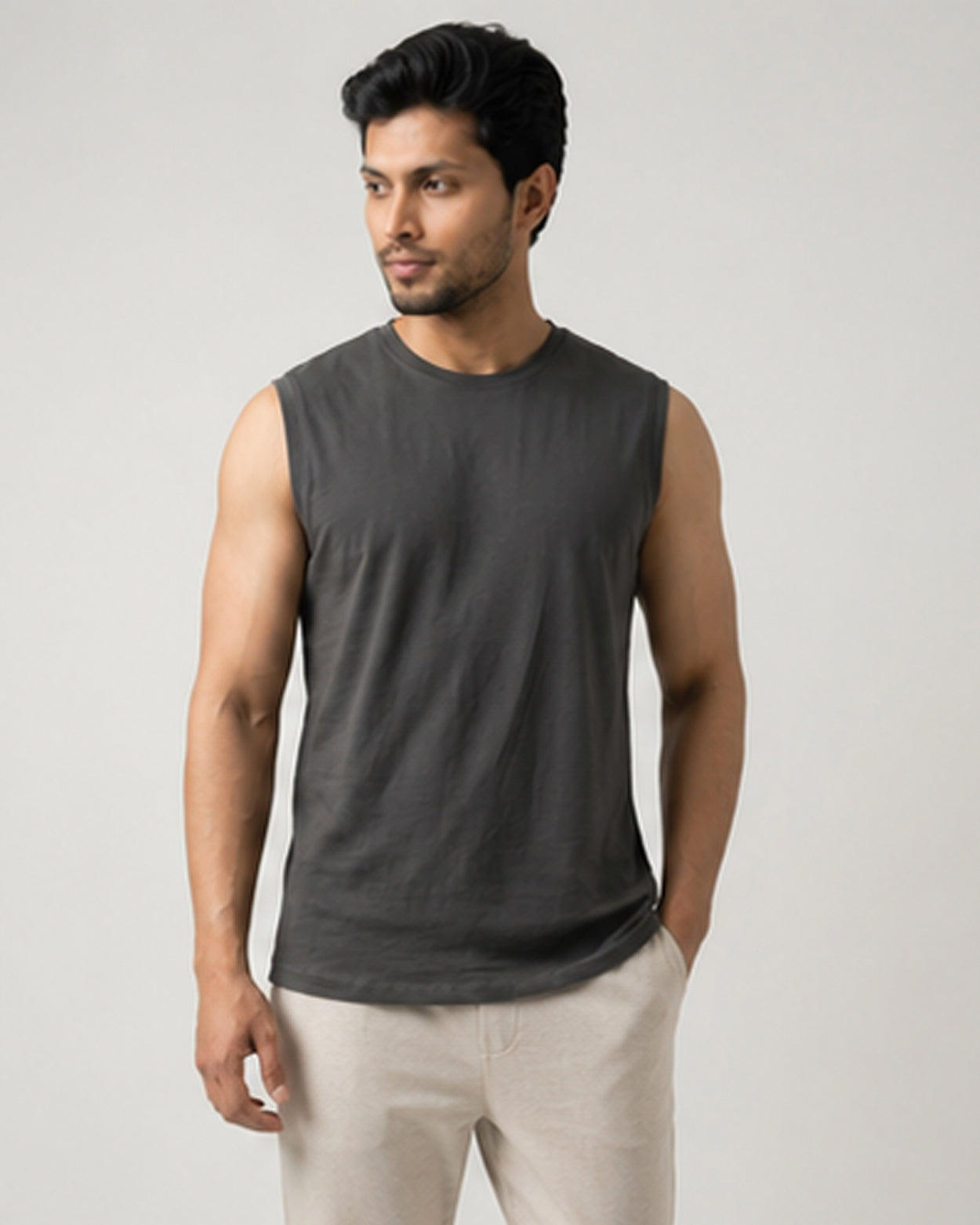 Charcoal Airknit sleeveless tee from Softsleep, made for men in lightweight bamboo cotton with a relaxed loungewear feel.