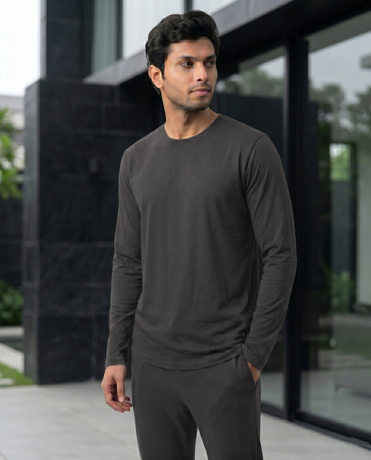Softsleep men's charcoal Galaxy full sleeve tee, made from soft bamboo cotton for comfortable layering and relaxed loungewear.