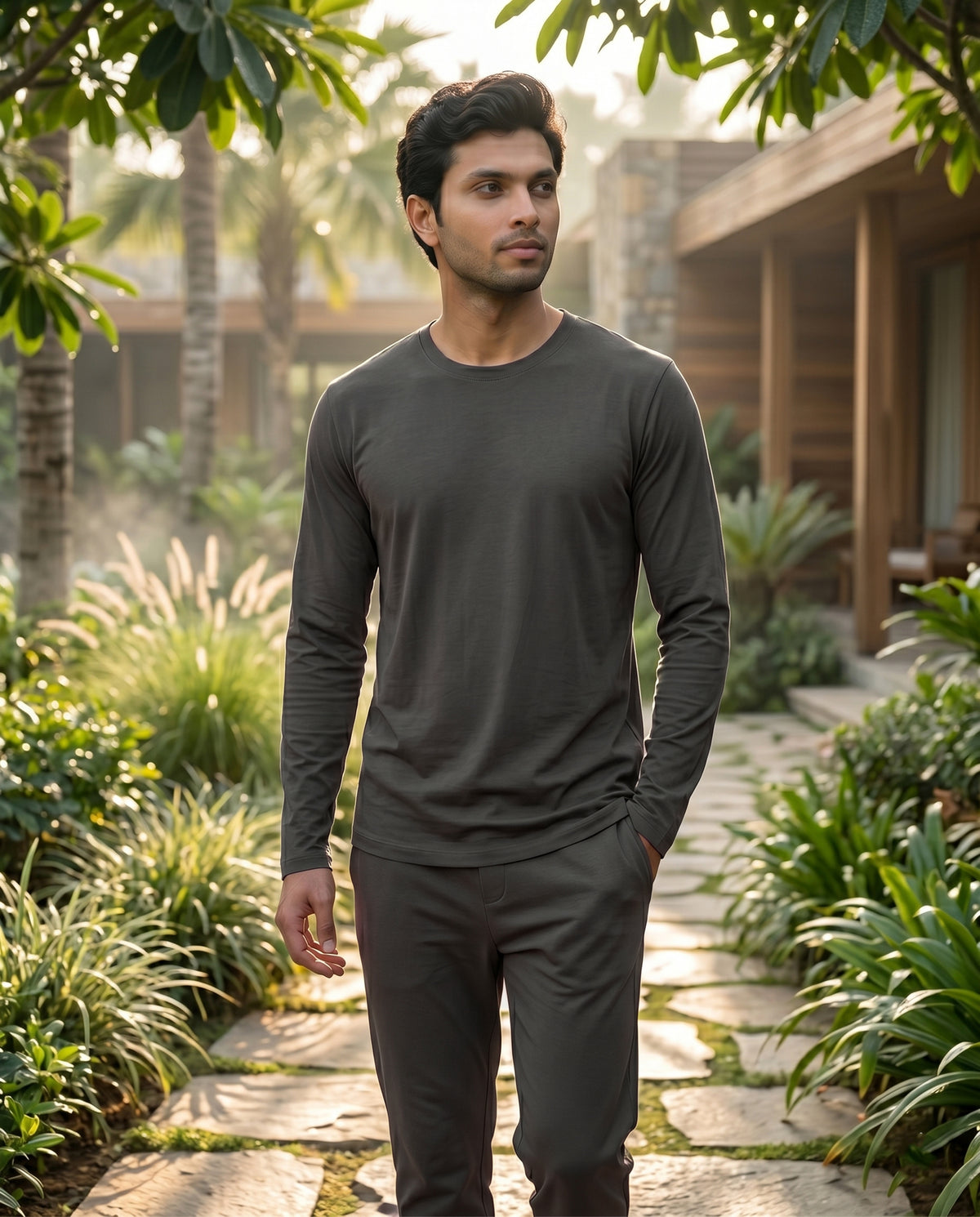 A charcoal Galaxy full sleeve top for men by Softsleep, featuring breathable bamboo cotton fabric for all-day comfort.