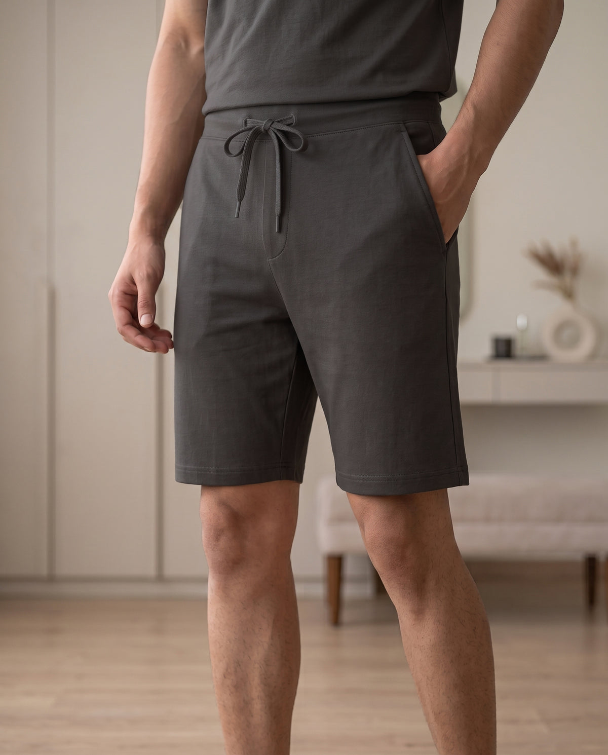 A charcoal Hushy shorts style from Softsleep for men, designed in bamboo cotton for easy movement and lasting comfort.