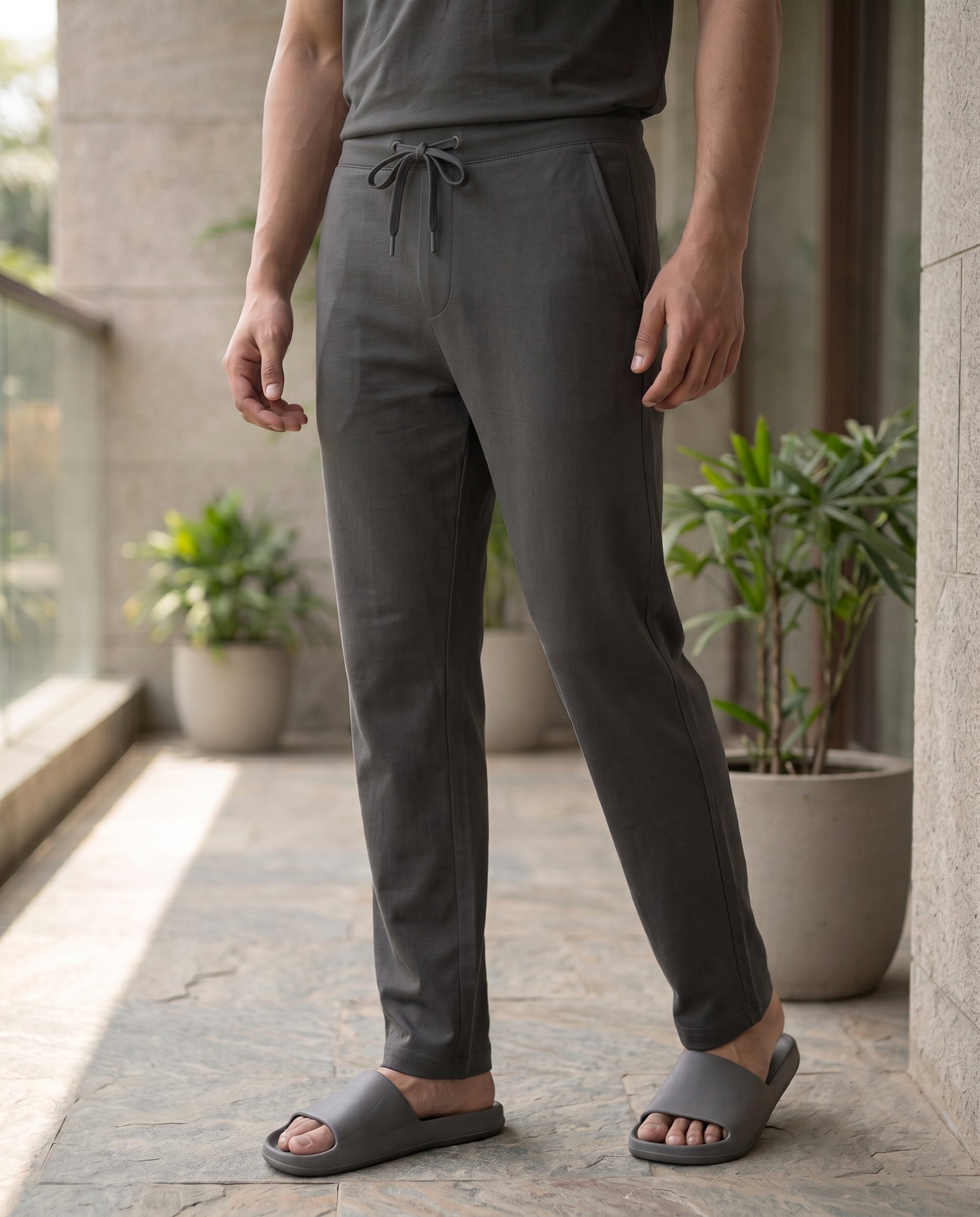 Softsleep men's charcoal Urbanite pants in bamboo cotton, offering a relaxed fit with a smooth feel for comfortable everyday dressing.