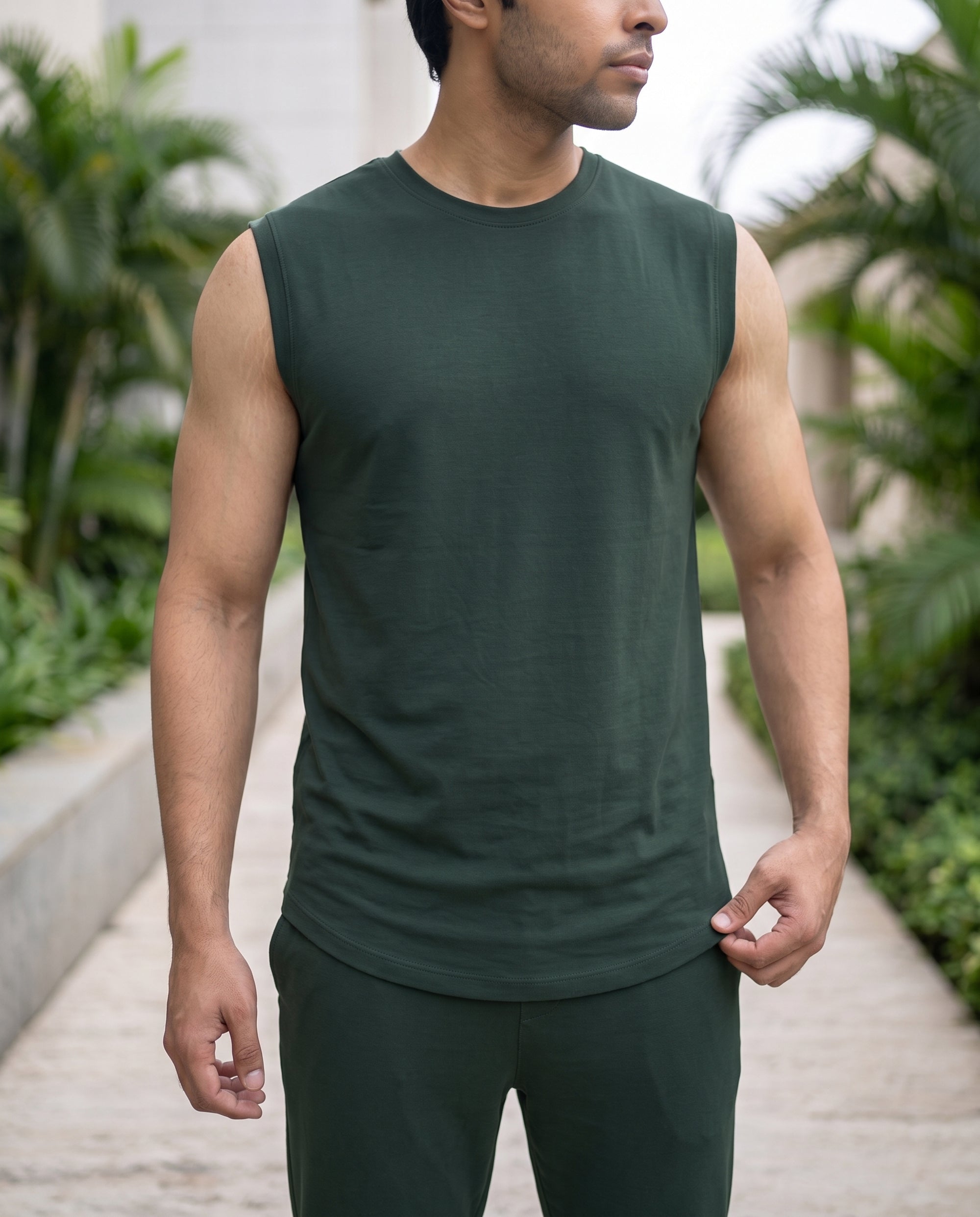 Dark green bamboo cotton sleeveless lounge tee from Softsleep, designed with a soft feel and lightweight comfort for daily wear.