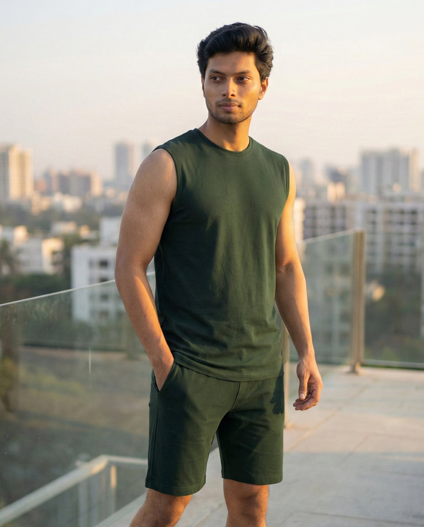 Dark green Softsleep bamboo cotton sleeveless lounge tee with a soft texture and lightweight feel for relaxed daily wear.