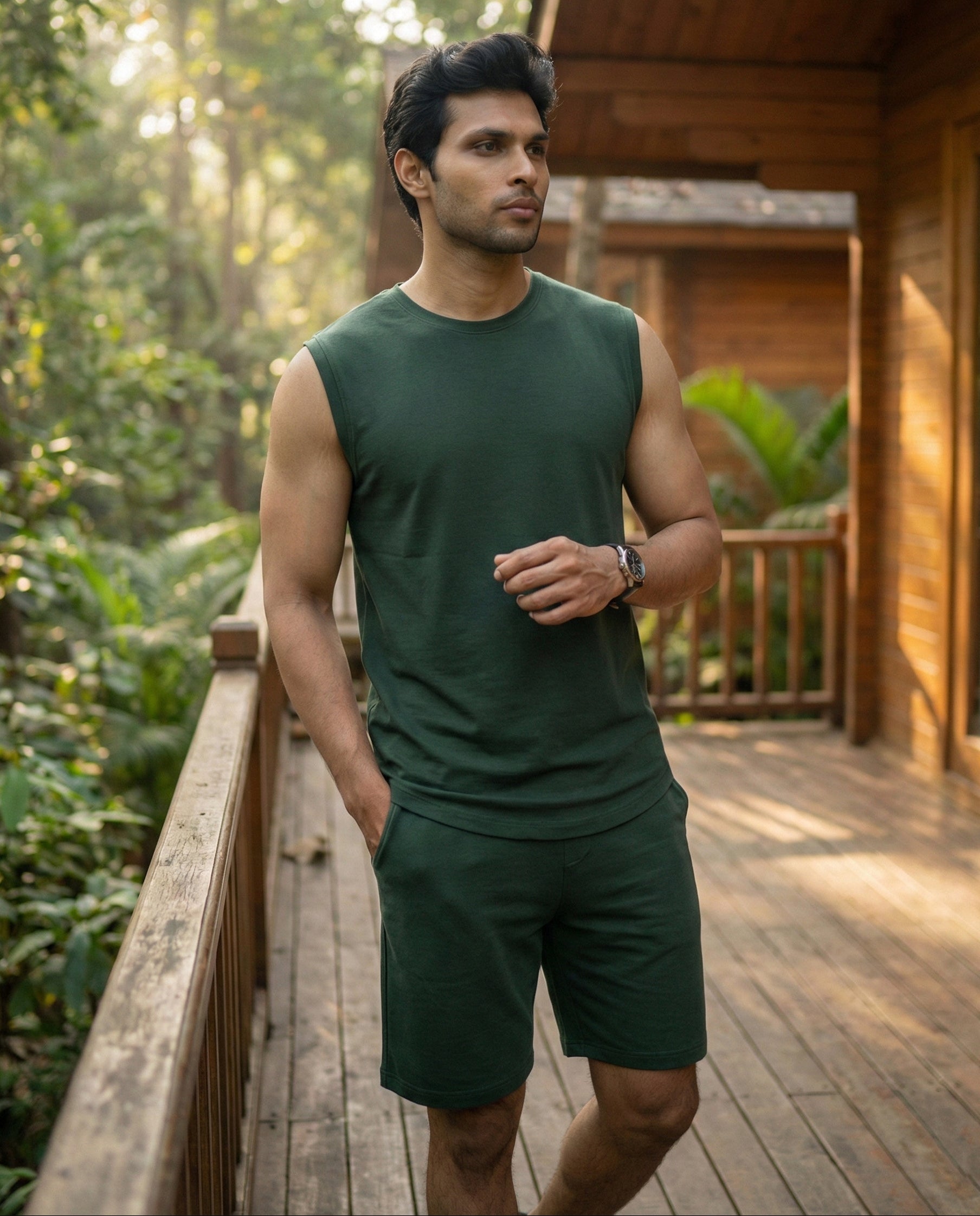 Softsleep dark green bamboo cotton sleeveless tee offering a soft feel, breathable comfort and an easy lounge silhouette.
