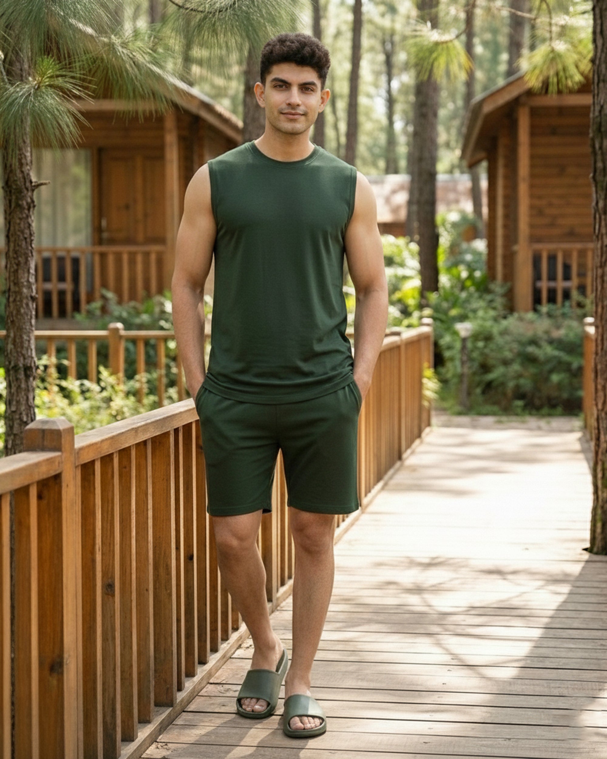 Bamboo Dark Green cotton Softsleep sleeveless lounge tee, soft regular tee for light and relaxed daily wear