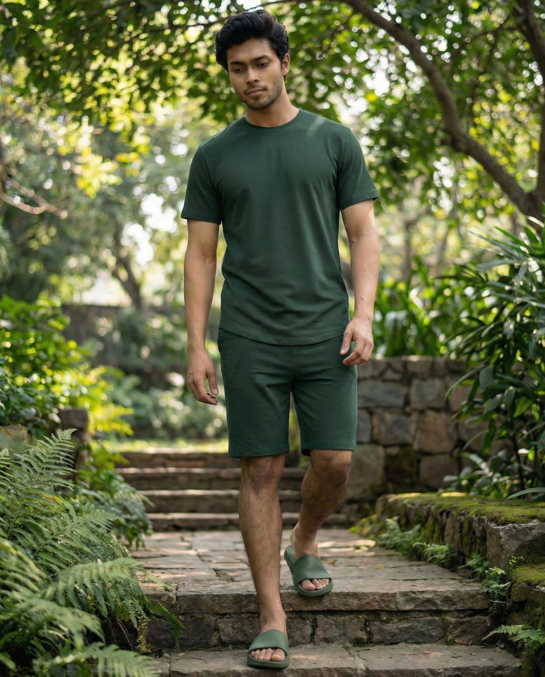 Softsleep dark green bamboo cotton half-sleeve lounge tee with a soft feel, regular fit and relaxed everyday comfort.