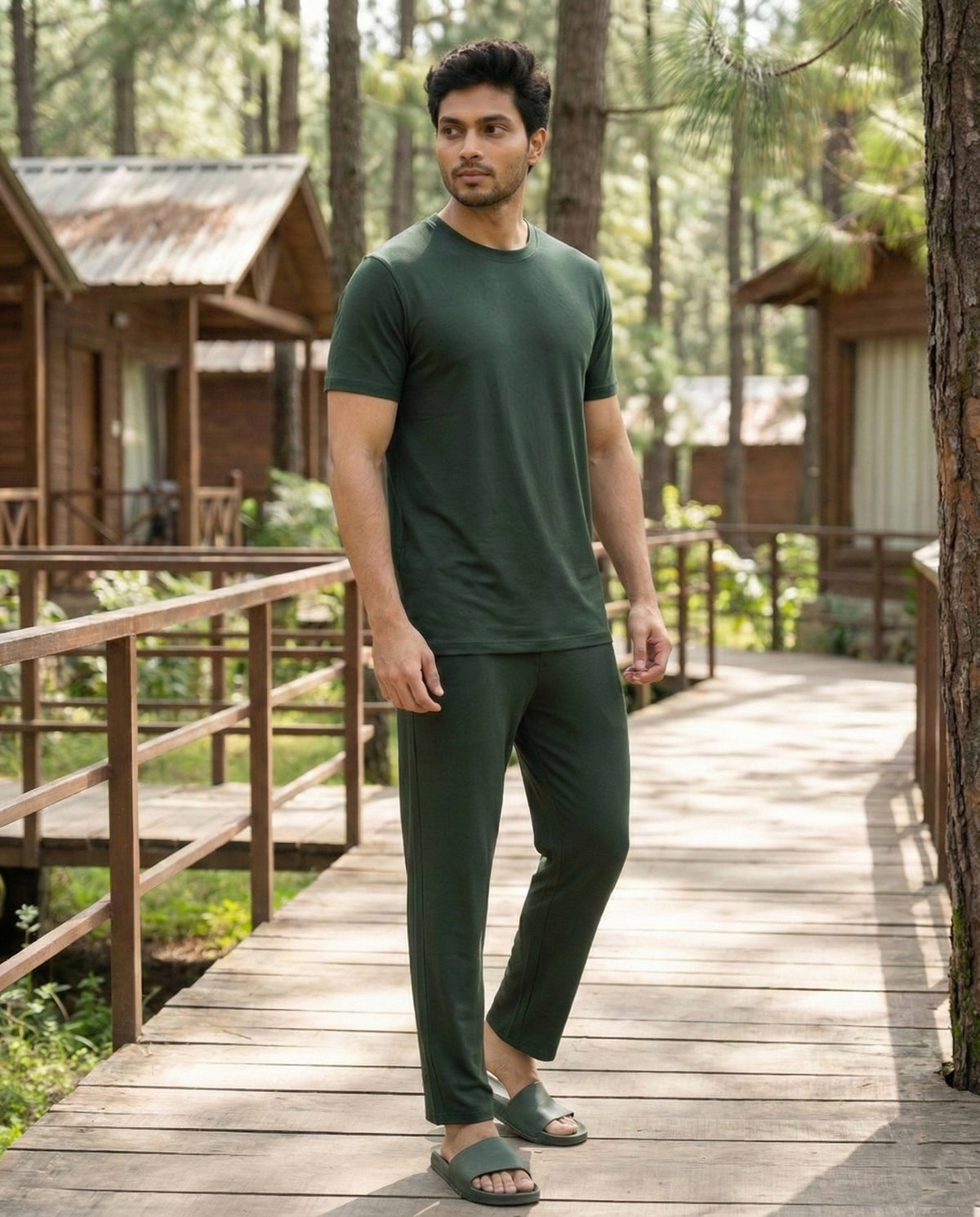 Dark green Softsleep bamboo cotton half-sleeve tee with a soft lounge feel and regular fit for effortless everyday comfort.