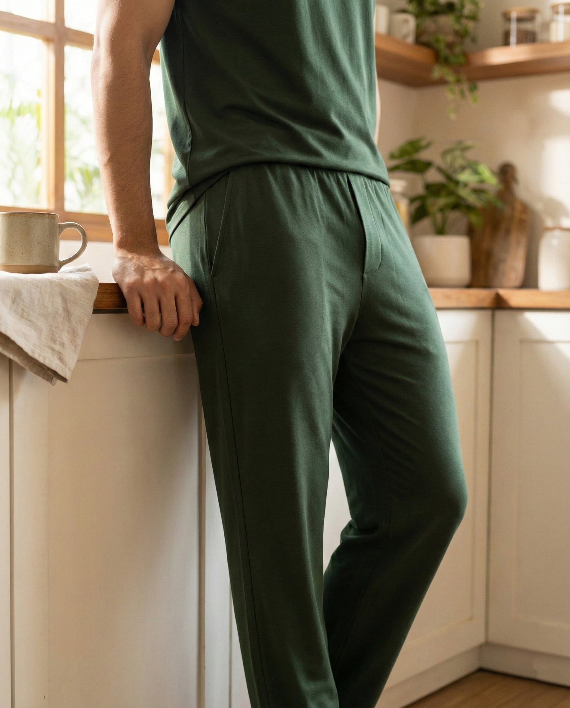 Softsleep dark green bamboo cotton lounge pant featuring a soft feel and relaxed fit for comfortable everyday lounging.