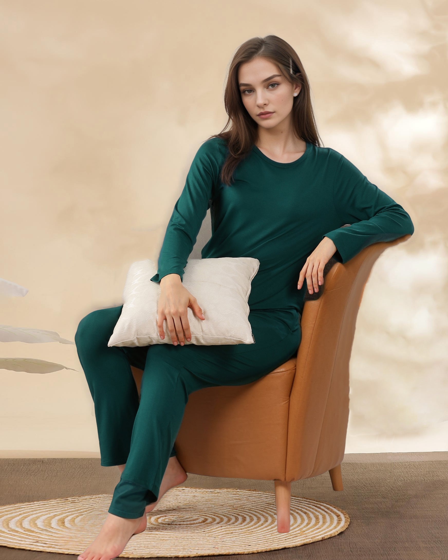 Full sleeve Forest Green bamboo t-shirt
Estelle Bamboo Tee for women
Soft touch breathable bamboo fabric
Relaxed fit for all day wear
Eco conscious sustainable clothing
Smooth lightweight casual top
Perfect for lounge or outings
Gentle feel on skin
Minimal elegant design
Versatile wardrobe essential