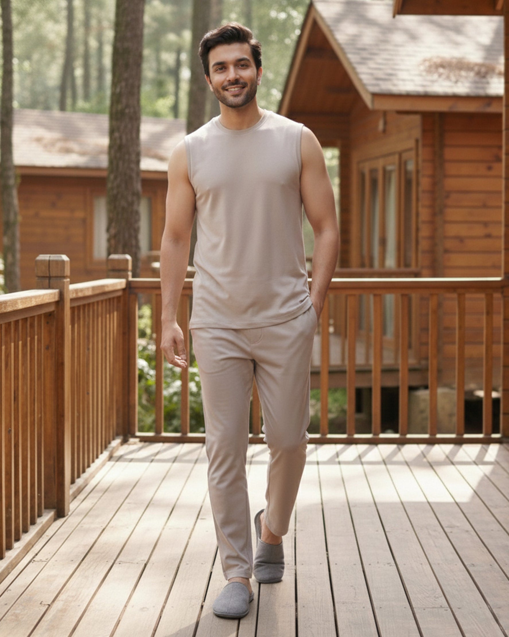 Softsleep Grey Mocha lounge tee features a sleeveless cut with bamboo softness and cotton comfort for downtime