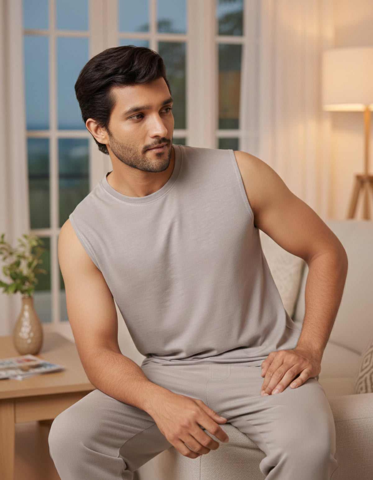 Grey Mocha sleeveless lounge top by Softsleep pairs a regular tee shape with bamboo softness and cotton comfort