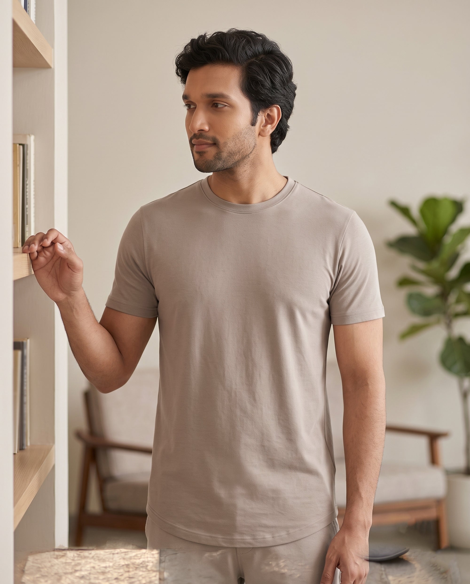 Half sleeve Grey Mocha lounge tee by Softsleep, a regular top combining bamboo softness with cotton comfort