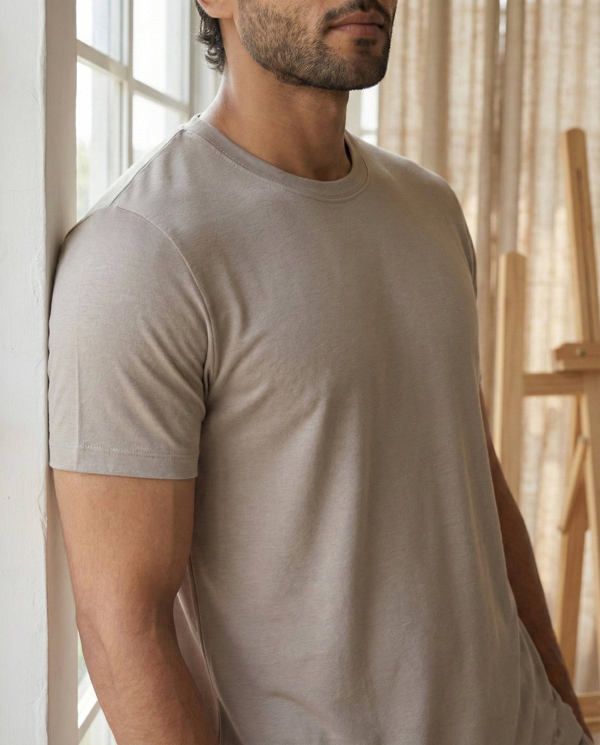 A Grey Mocha regular lounge tee by Softsleep, styled with half sleeves and the soft feel of bamboo and cotton