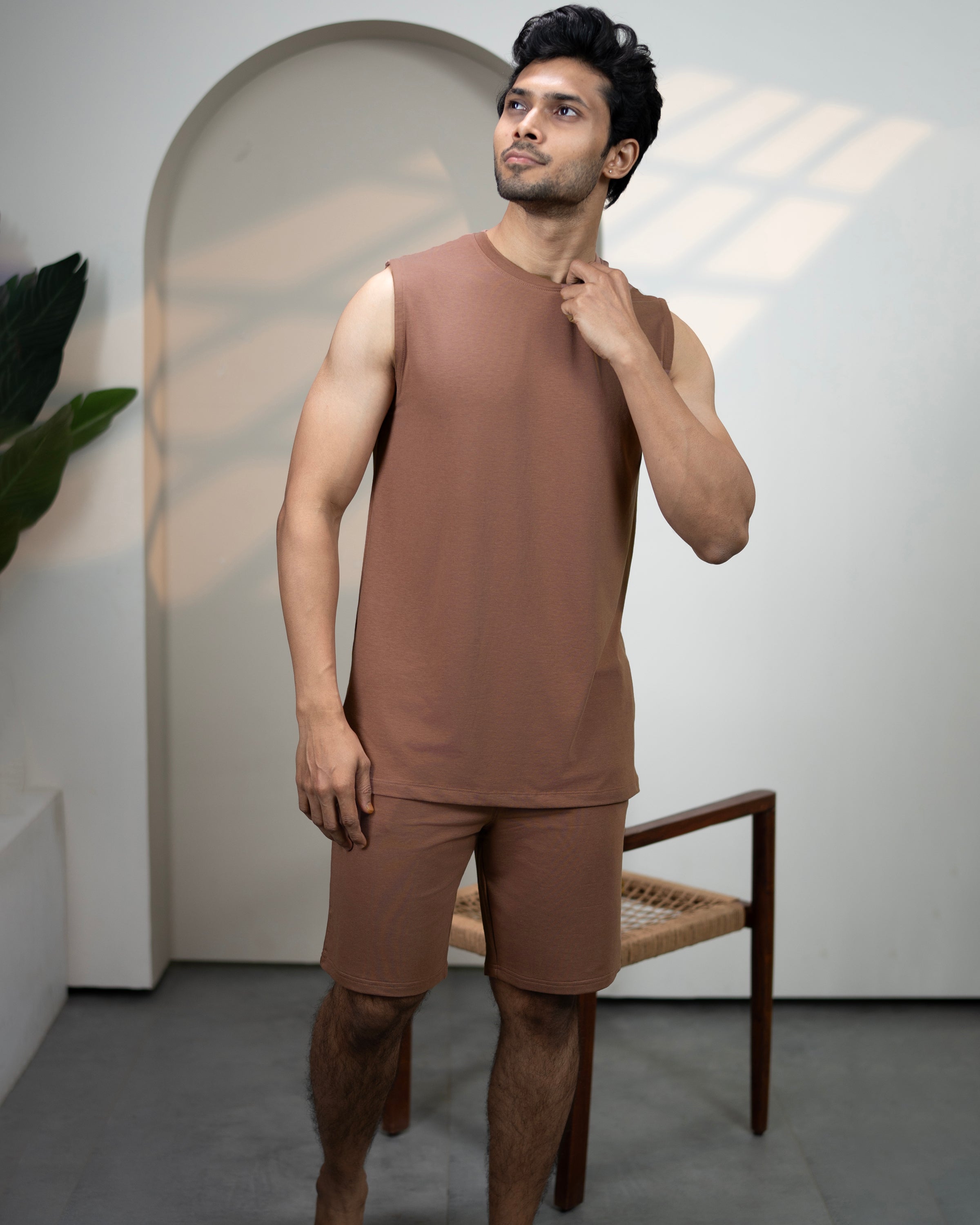 Mens casual loungewear set in Mystic Brown
AirKnit bamboo tee and shorts designed for style and comfort