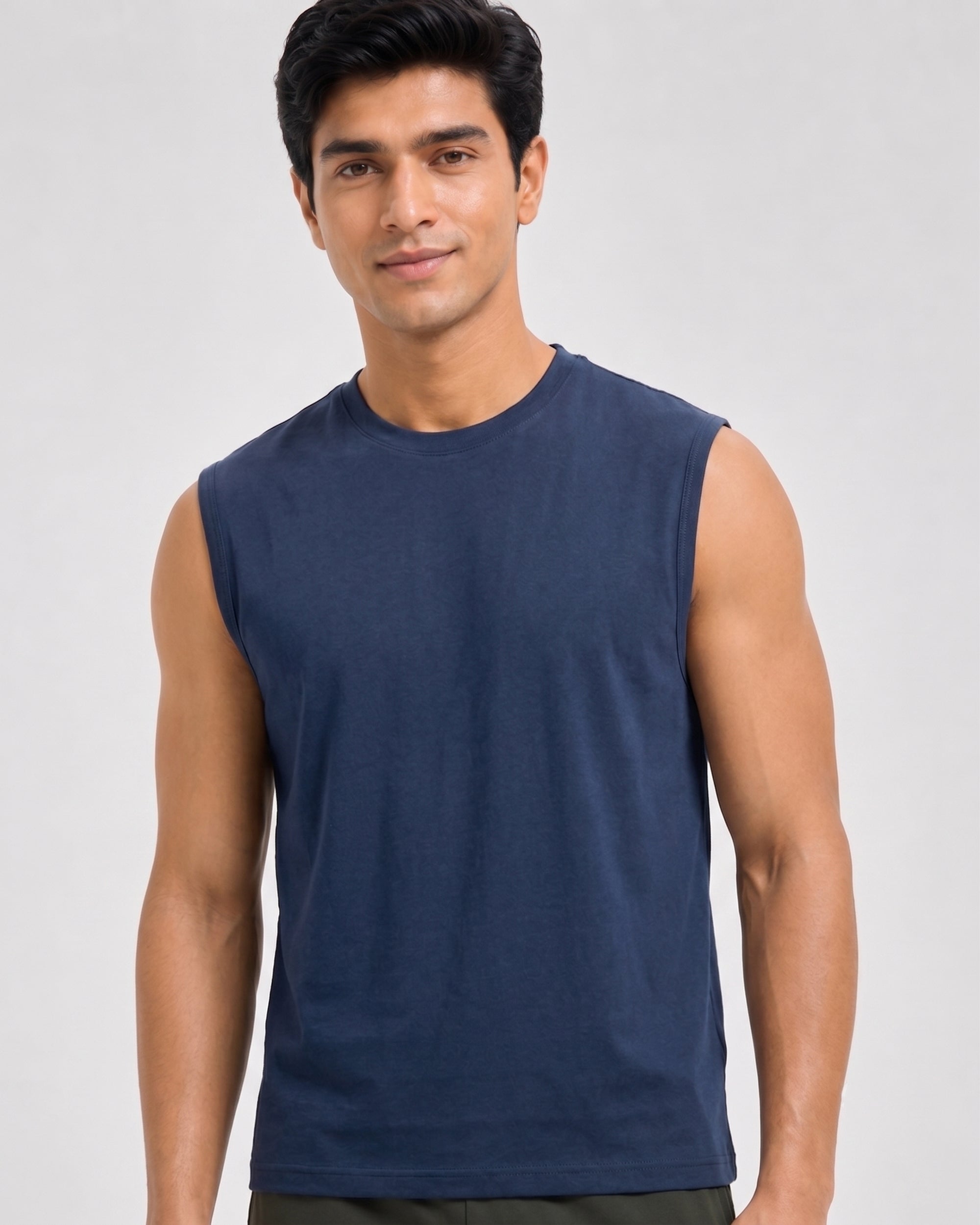 Navy blue men's breathable comfort tee with bamboo fabric and cotton softness, ideal for warm-weather lounging