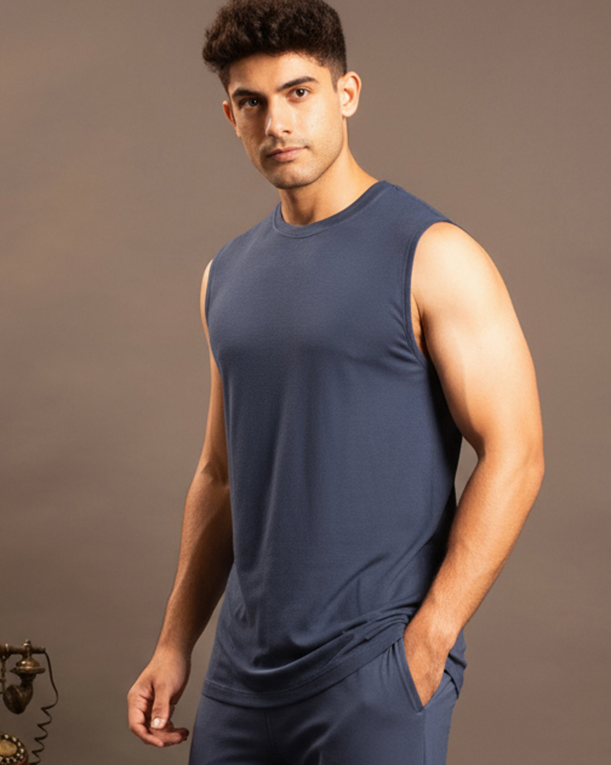 Navy blue Airknit bamboo cotton tee with lightweight breathable softness and thermoregulating comfort for everyday lounging