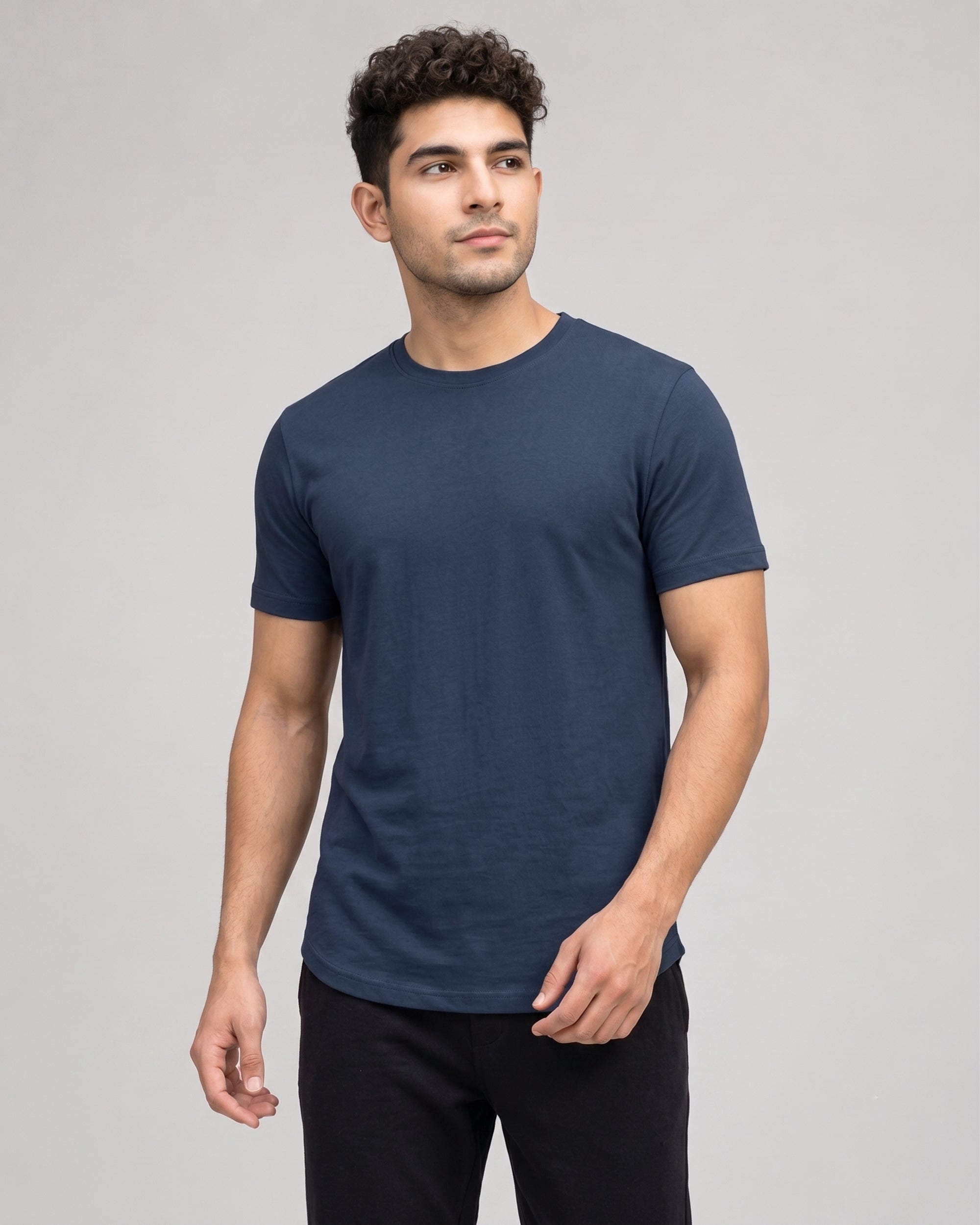 Navy blue men's casual homewear tee featuring bamboo fabric and cotton softness for comfortable daily lounging