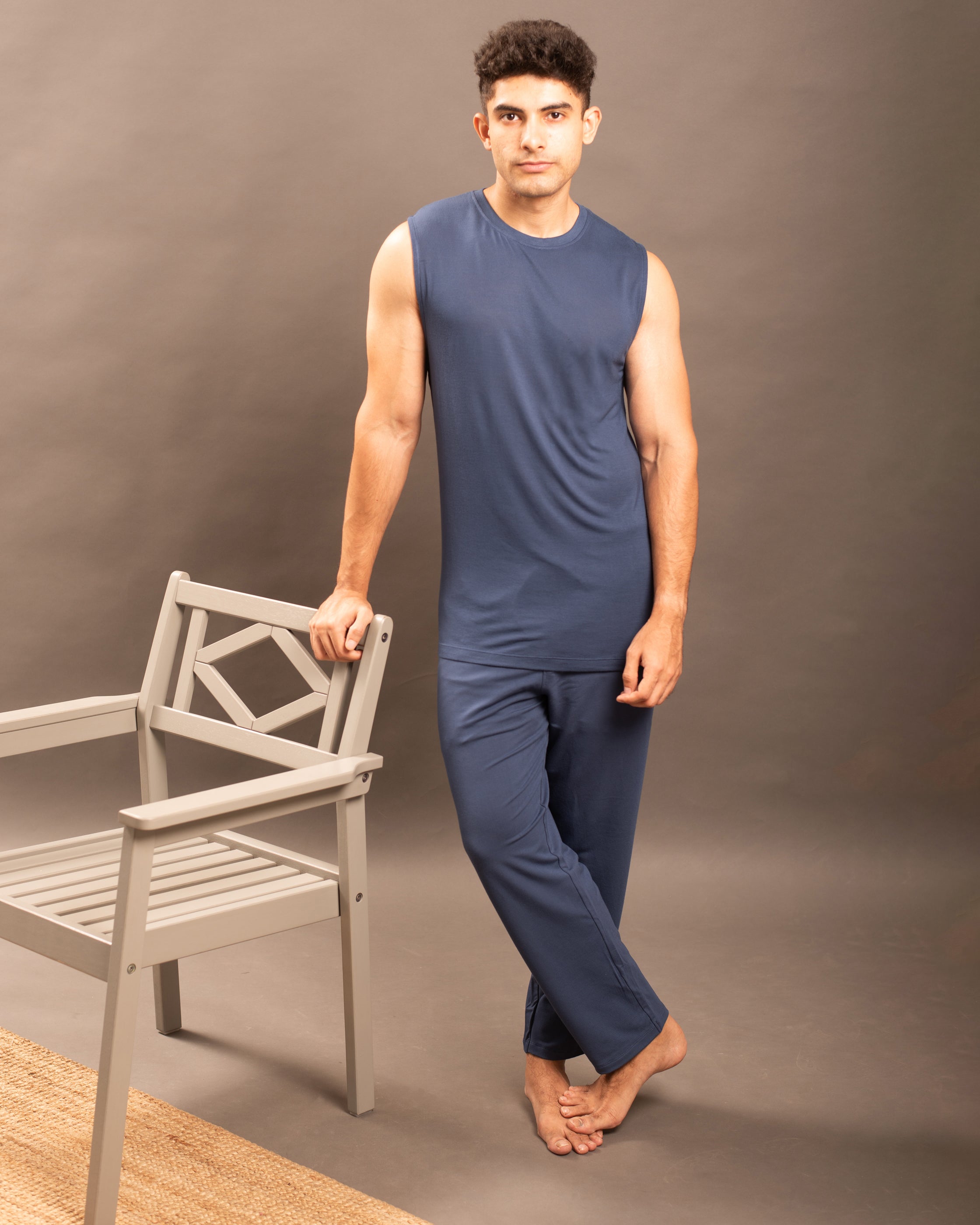 Mens casual loungewear set in Navy Blue
AirKnit bamboo tee and pant designed for style and ease