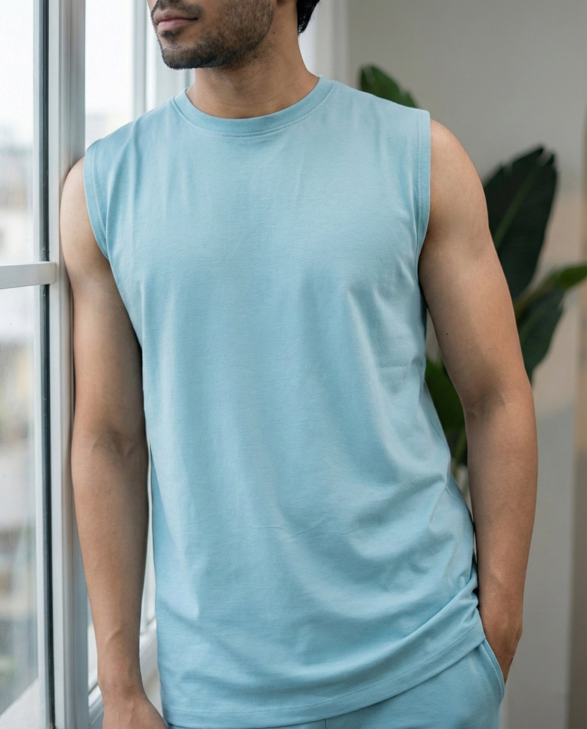 Nile blue men’s breathable tee with bamboo fabric, soft cotton comfort and lightweight thermoregulating loungewear ease