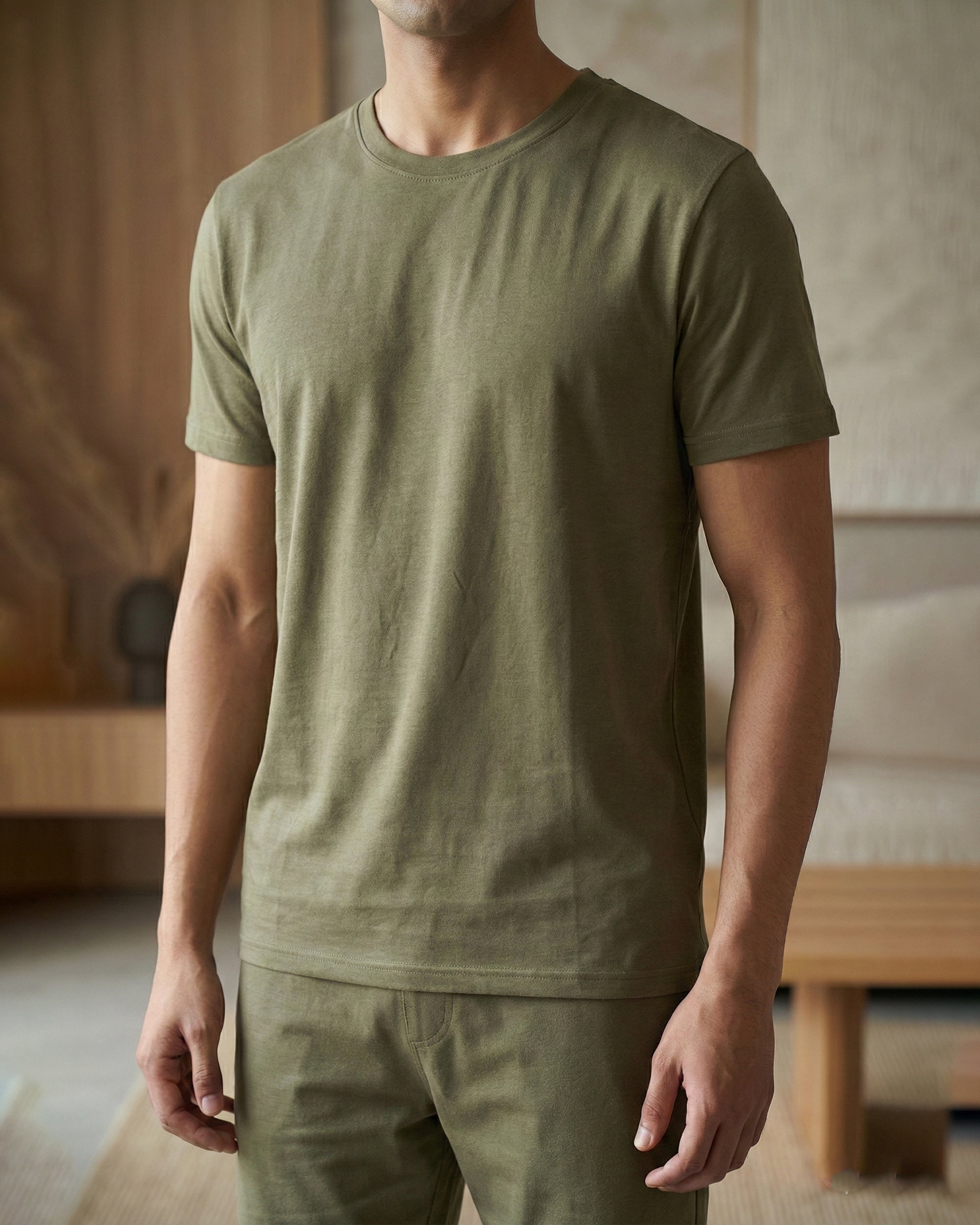 Olive green men's regular fit tee featuring bamboo fabric for breathable everyday wear
