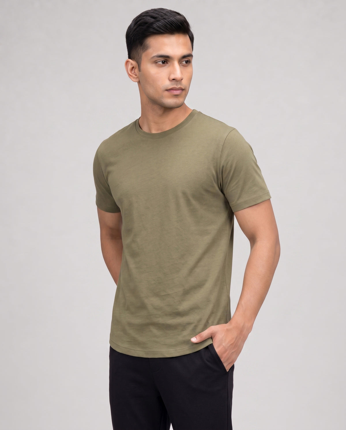 Olive green men's soft-fit bamboo tee designed for comfortable and breathable lounging