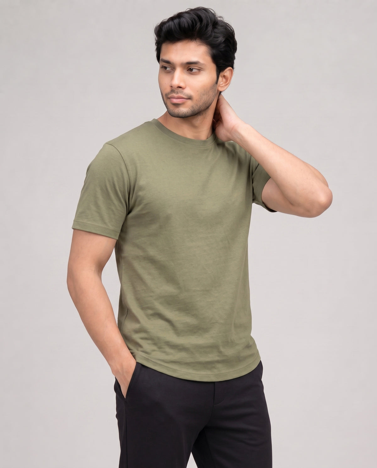 Olive green men's classic fit tee with bamboo-blended fabric for soft breathable comfort