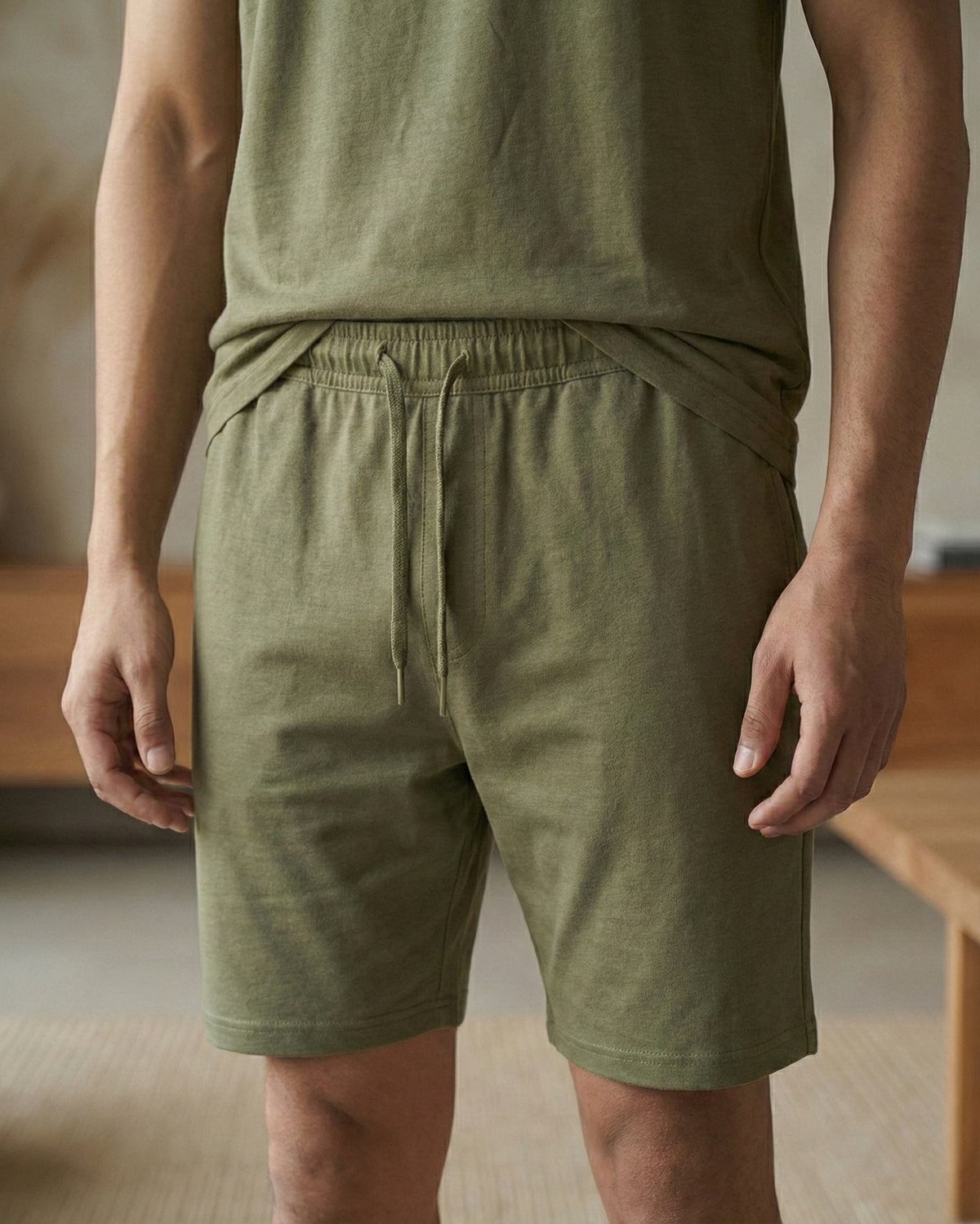 Olive green men's relaxed loungewear top made with bamboo fabric for airy everyday comfort