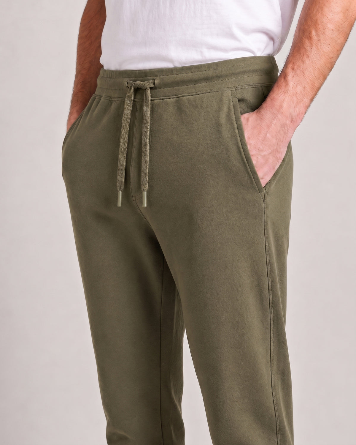 Olive green men's lounge short with breathable bamboo fabric and a relaxed everyday fit