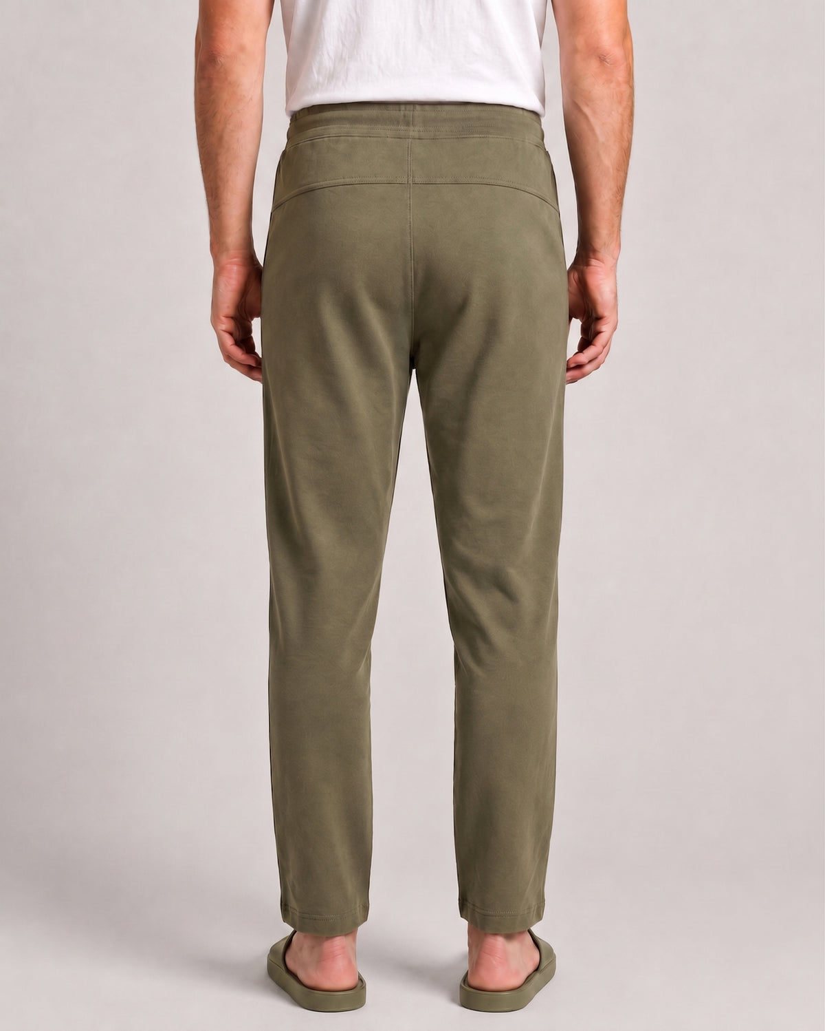 Olive green men's relaxed lounge short made with breathable bamboo fabric for easy movement