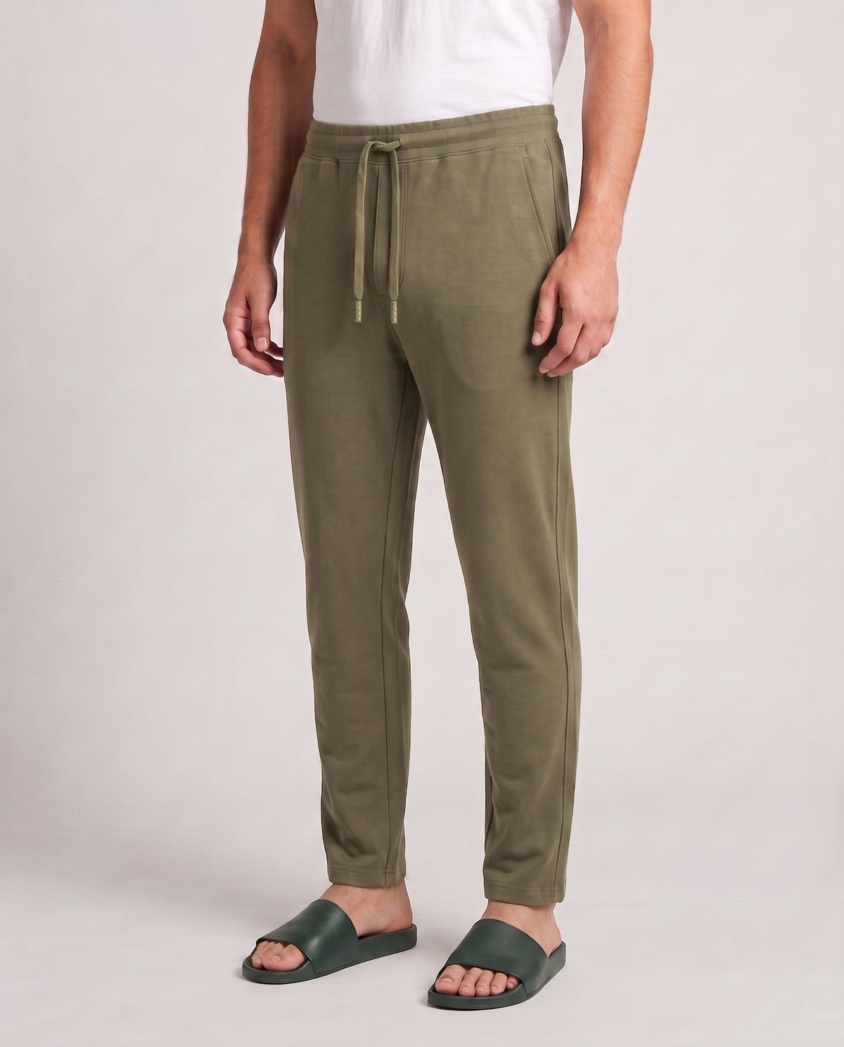 Olive green men's lounge short featuring bamboo-blended fabric for soft comfort and mobility