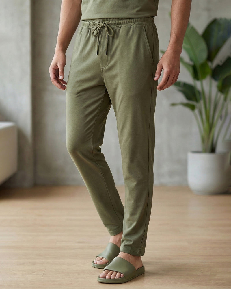 Olive green men's lounge short with bamboo-blended fabric for softness and breathable movement
