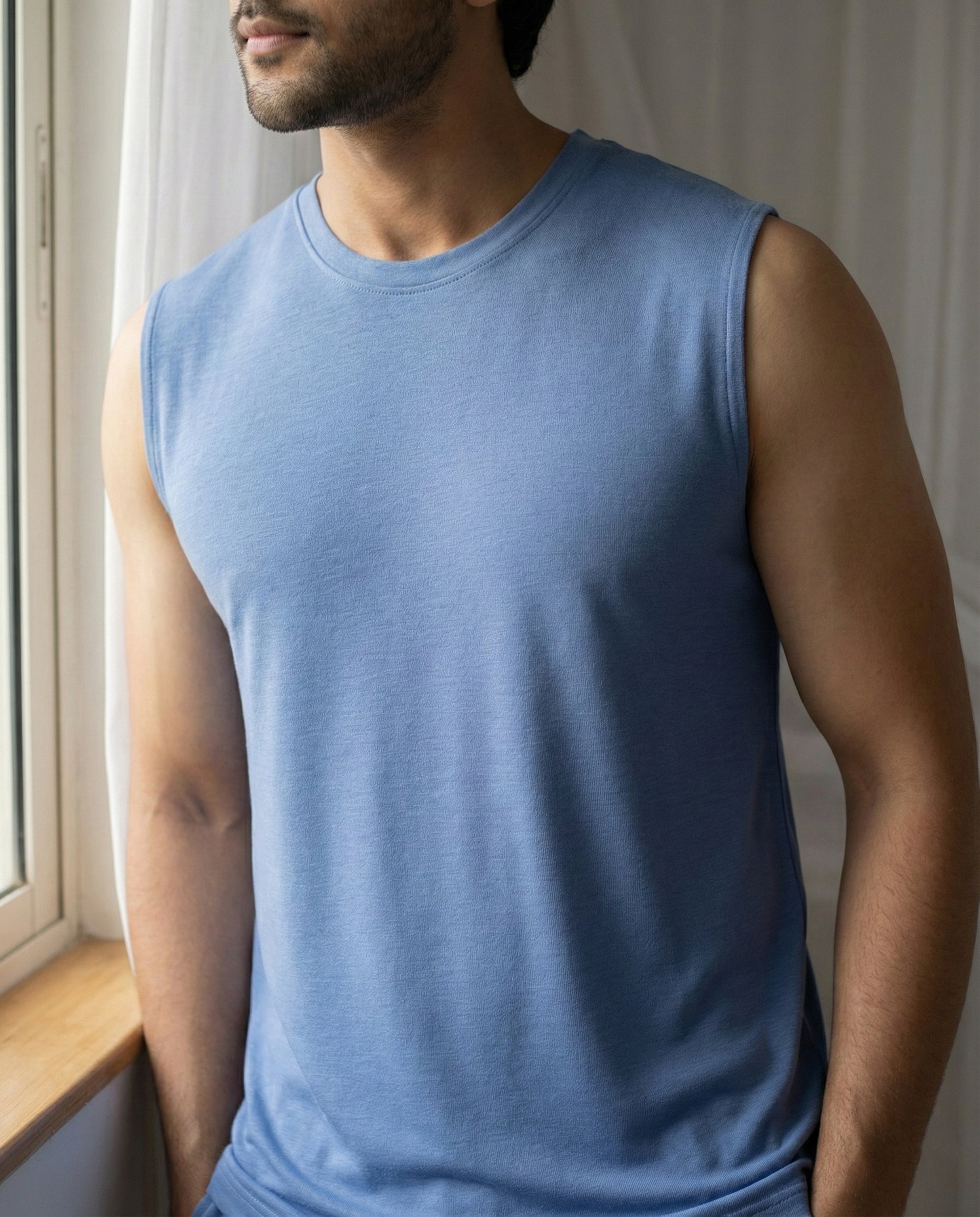Serene blue men's breathable tee crafted with bamboo fabric for lightweight comfort