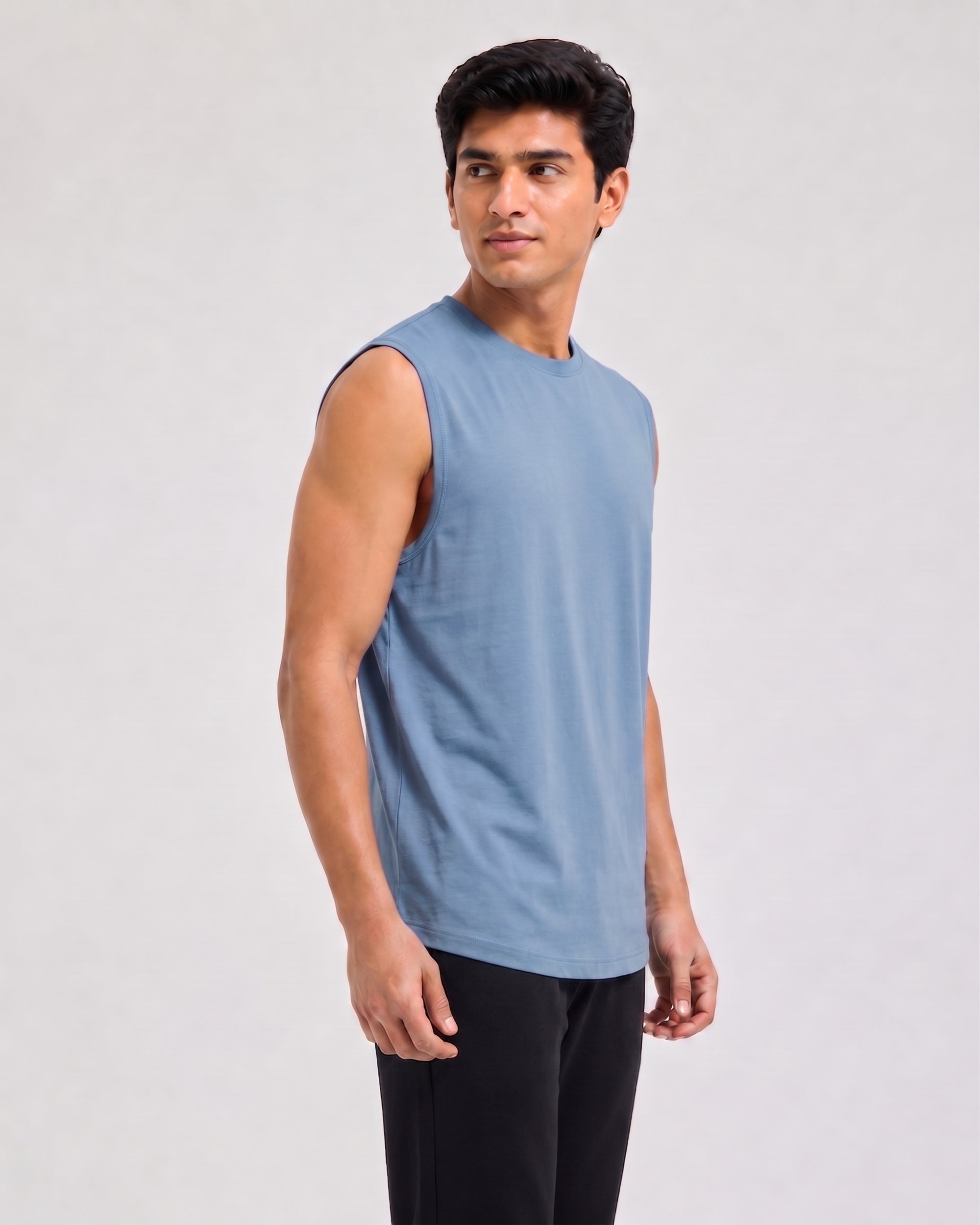 Serene blue men's breathable lounge tee with lightweight bamboo fabric and soft comfort