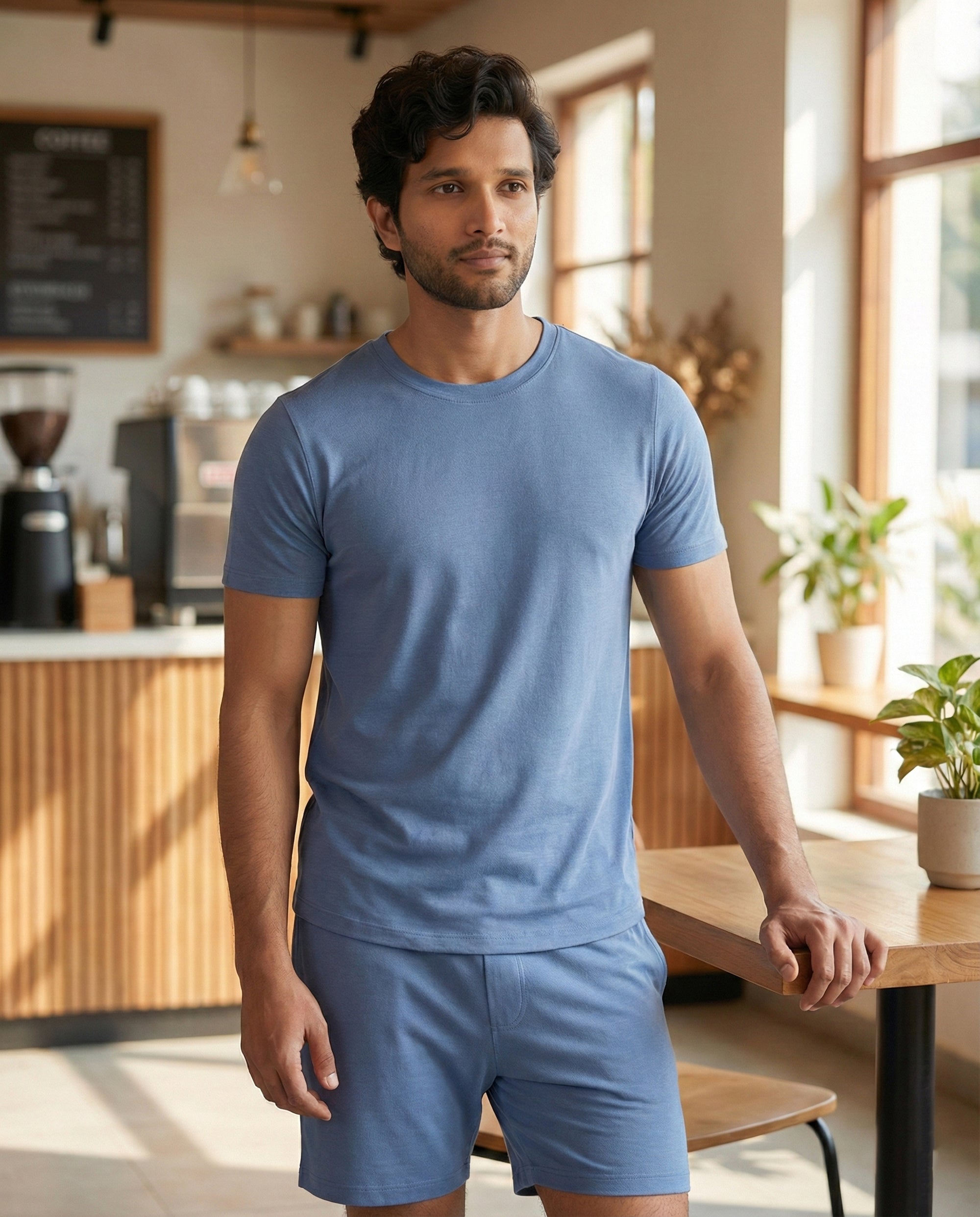 Serene blue men's lounge tee with soft bamboo-blended fabric and thermoregulating comfort