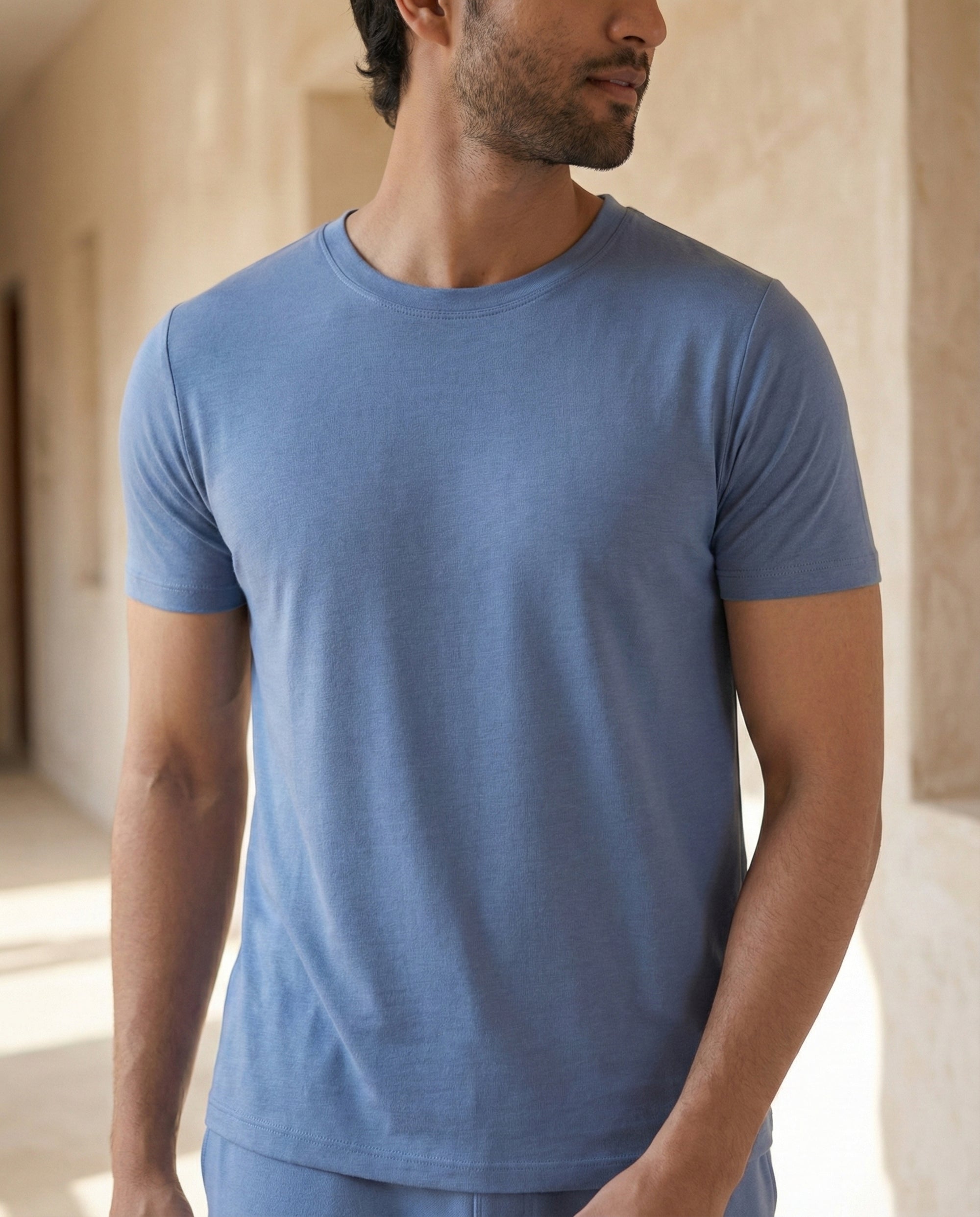 Serene blue men's regular fit tee with bamboo fabric and moisture-friendly breathable comfort