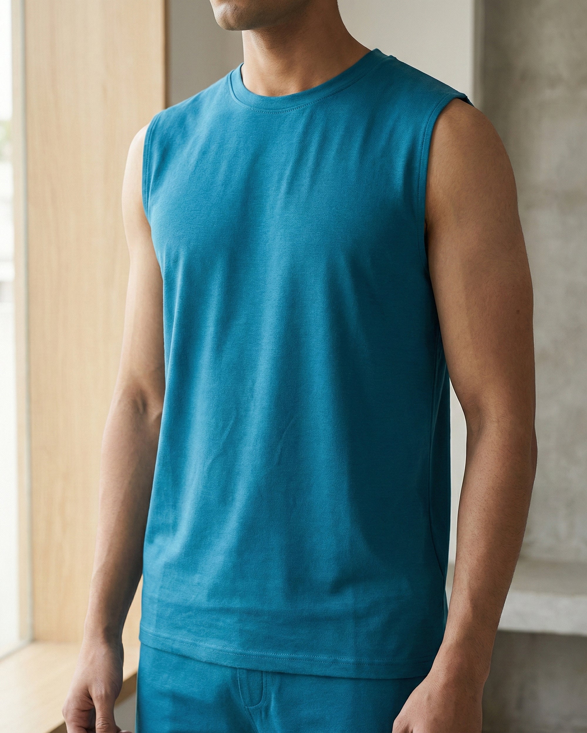 Men's Softsleep Teal Blue Airknit sleeveless top, made in bamboo cotton for breathable softness and a comfortable everyday fit.
