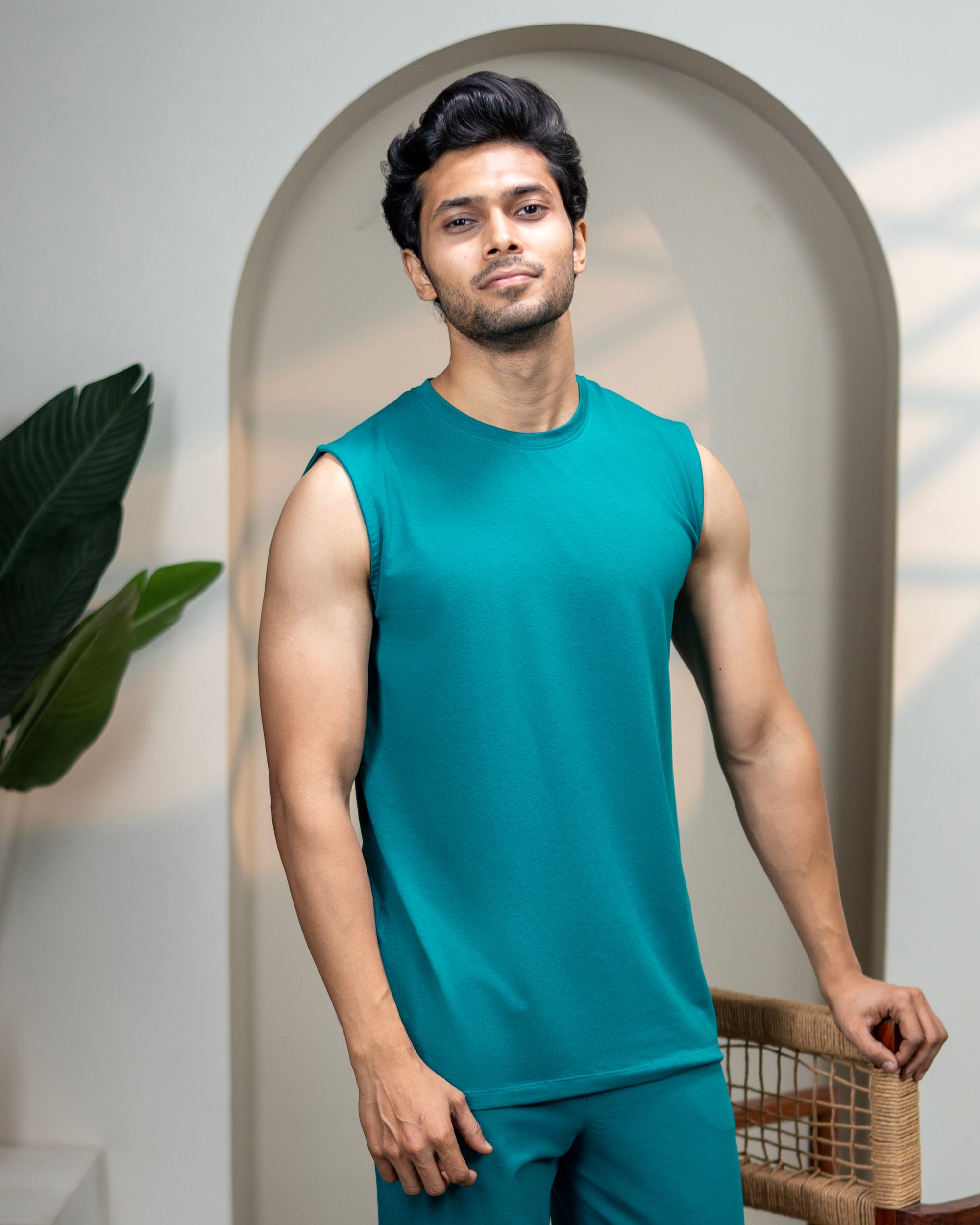 Men's Teal Green Airknit sleeveless tee from Softsleep, featuring lightweight bamboo cotton for breathable everyday comfort.