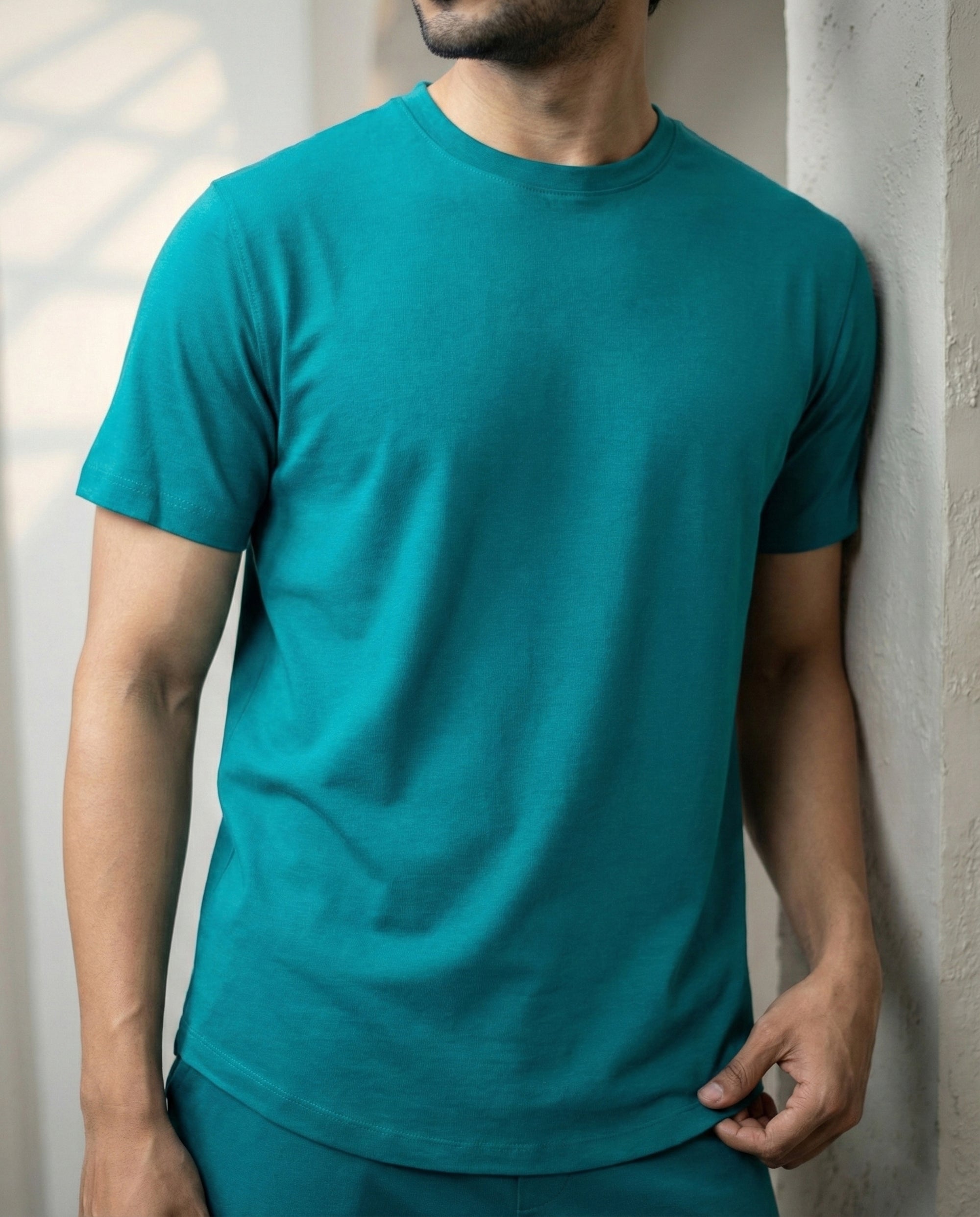 Men's Teal Green Cosmo tee by Softsleep, featuring half sleeves and soft bamboo cotton for comfortable everyday loungewear.