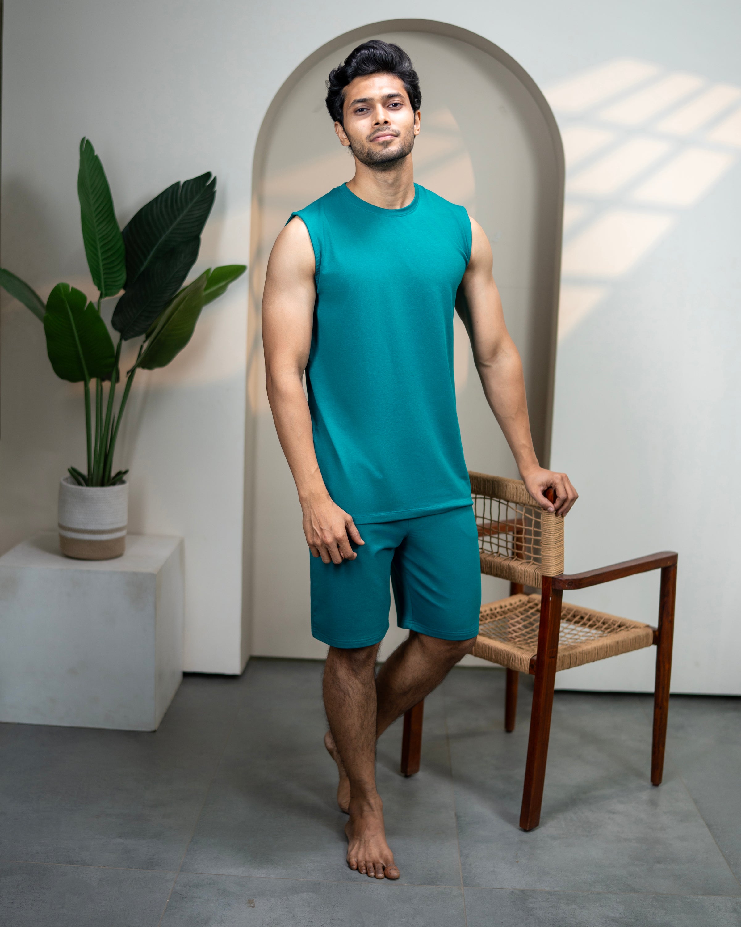 Mens Teal Green AirKnit top and shorts ensemble
Soft lightweight fabric ideal for relaxing at home