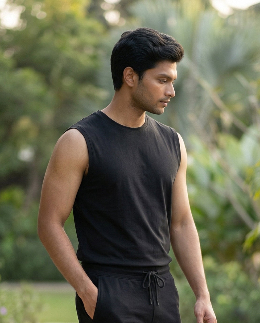 Men's True Black Airknit tee from Softsleep, featuring a sleeveless design in breathable bamboo cotton for effortless loungewear comfort.