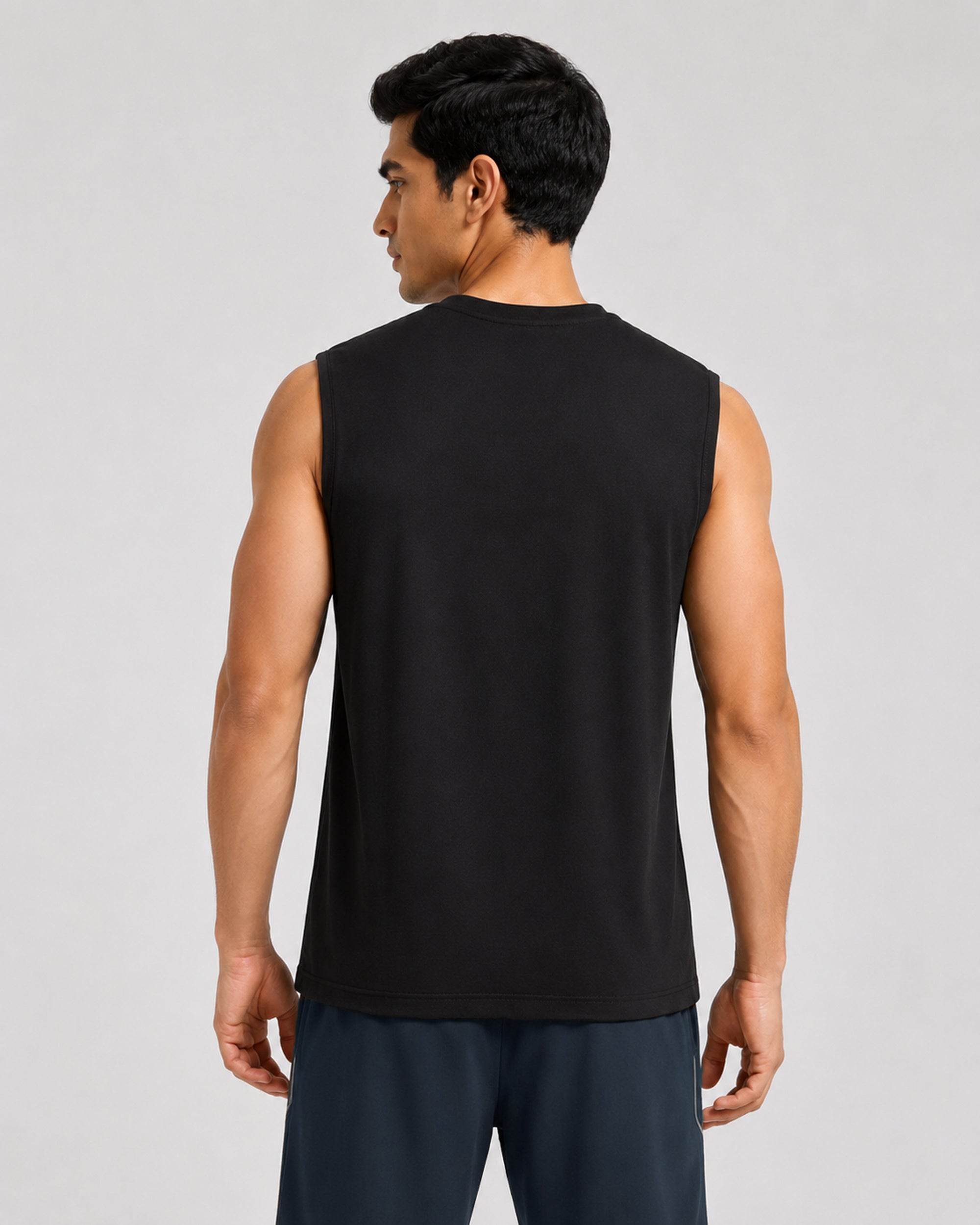 Men's True Black Airknit sleeveless tee by Softsleep, blending lightweight bamboo cotton with breathable comfort for relaxed loungewear.