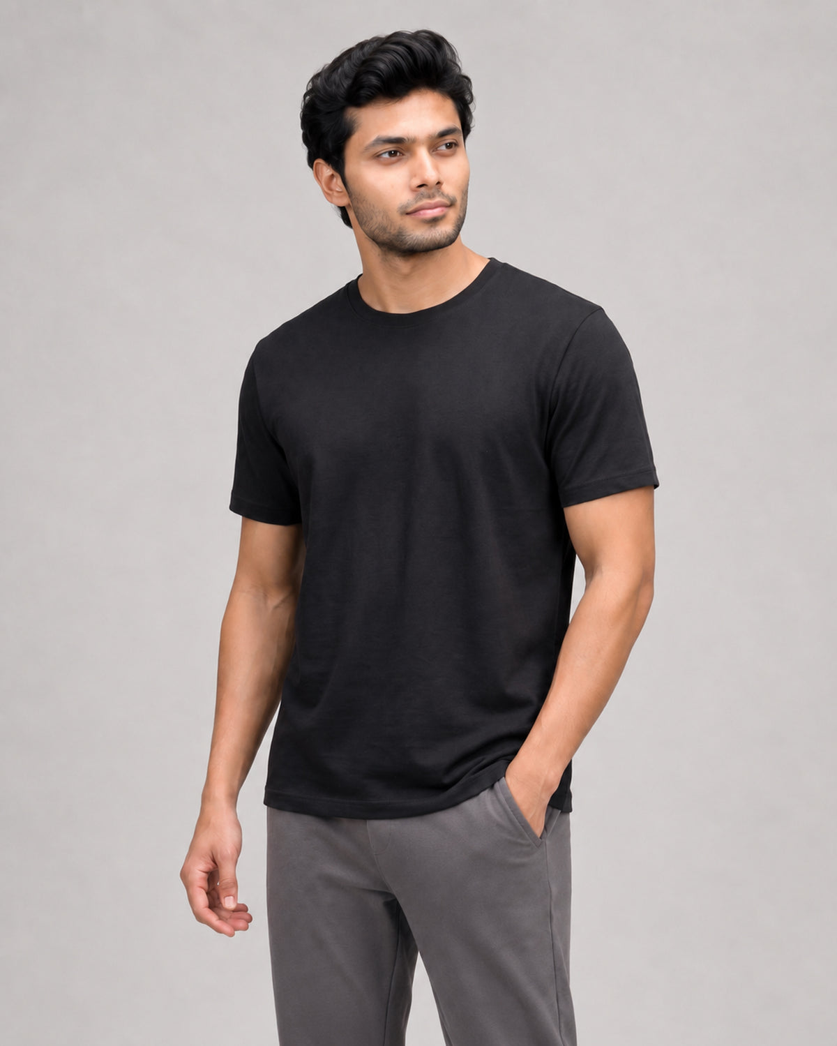 A men's True Black Cosmo tee by Softsleep, styled with half sleeves and bamboo cotton for a soft feel and comfortable everyday loungewear.