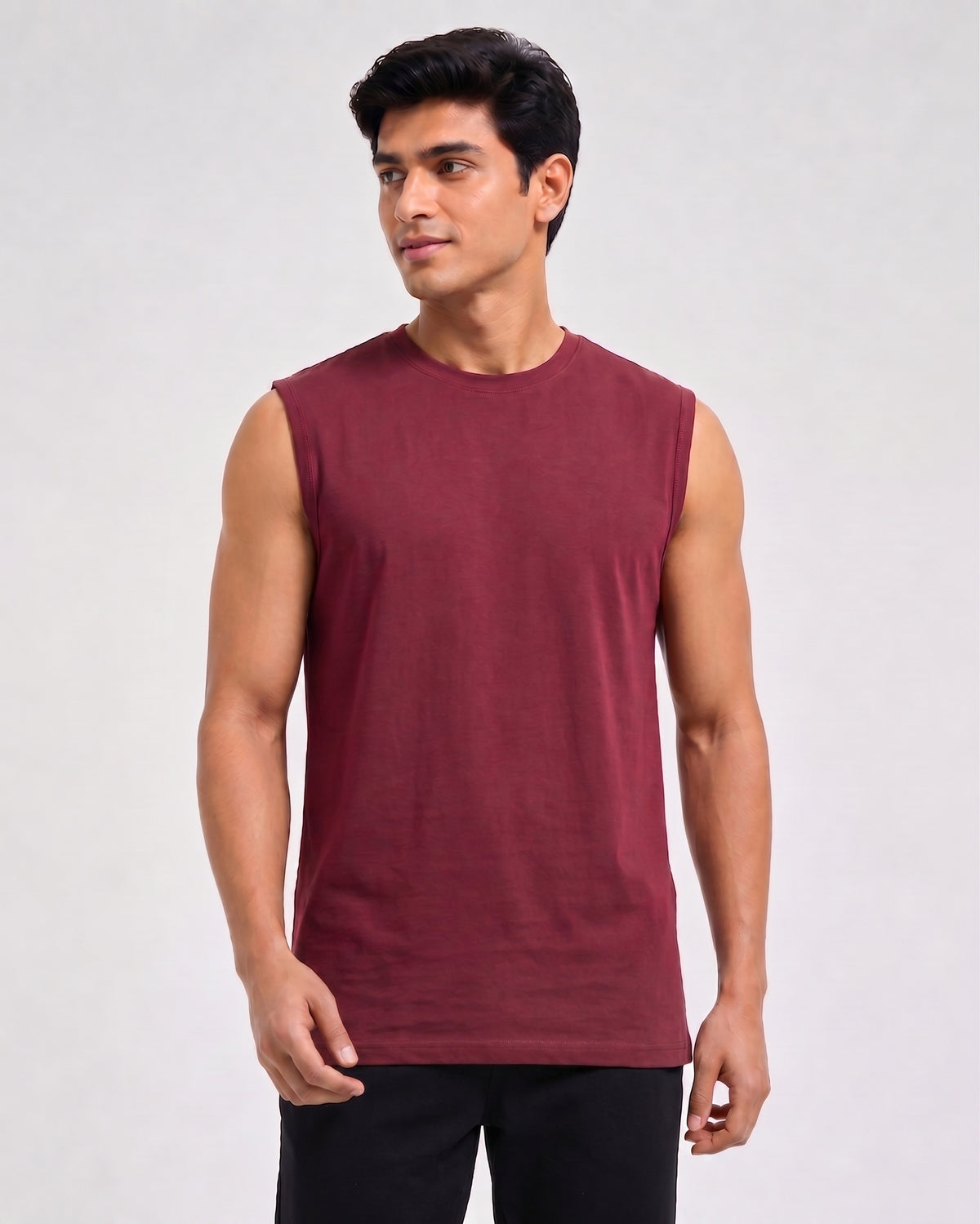 A wine maroon Airknit sleeveless tee for men by Softsleep, made with breathable bamboo cotton for soft comfort throughout the day.