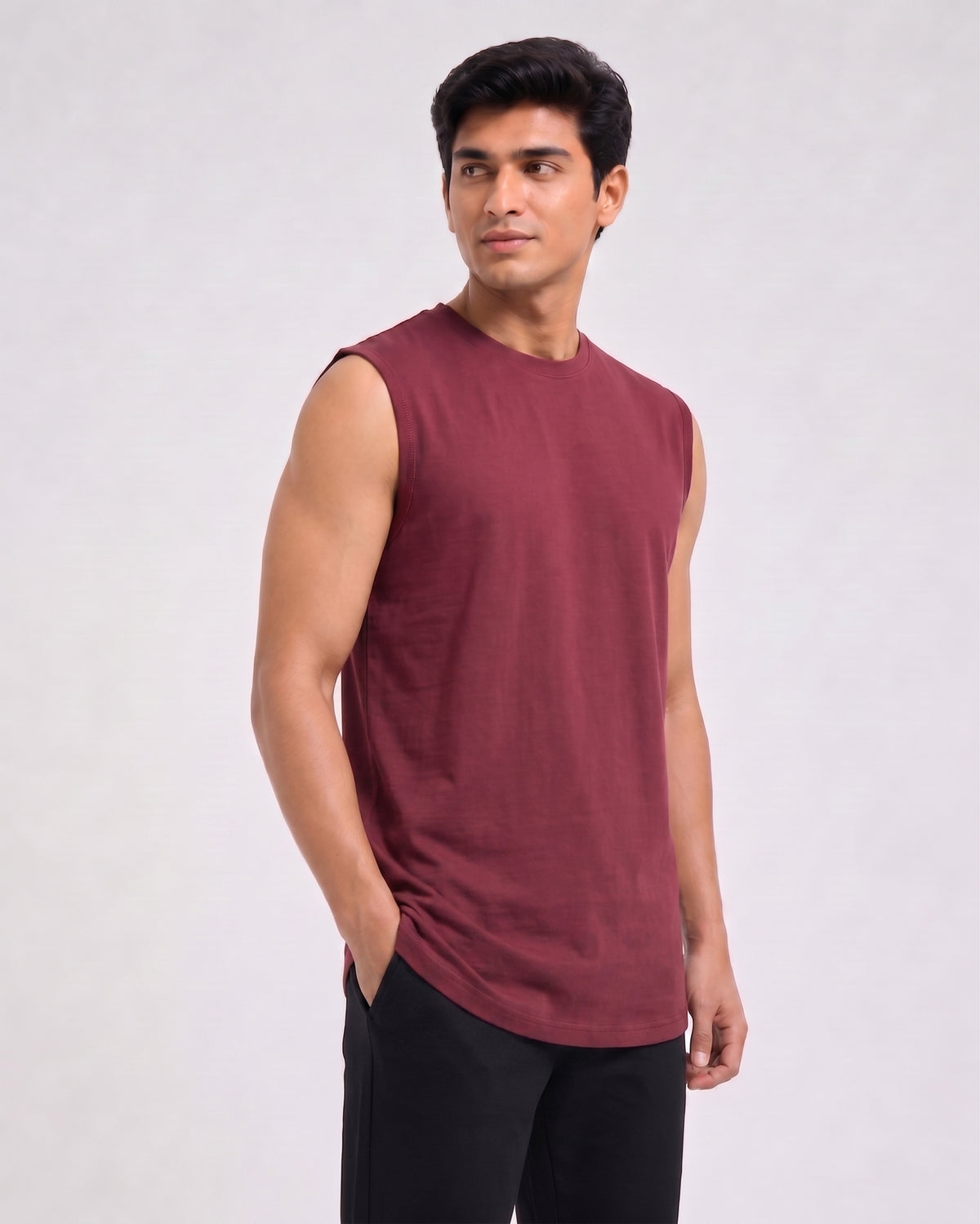 Men's Softsleep Airknit tee in wine maroon, featuring a sleeveless cut and bamboo cotton fabric for breezy loungewear comfort.