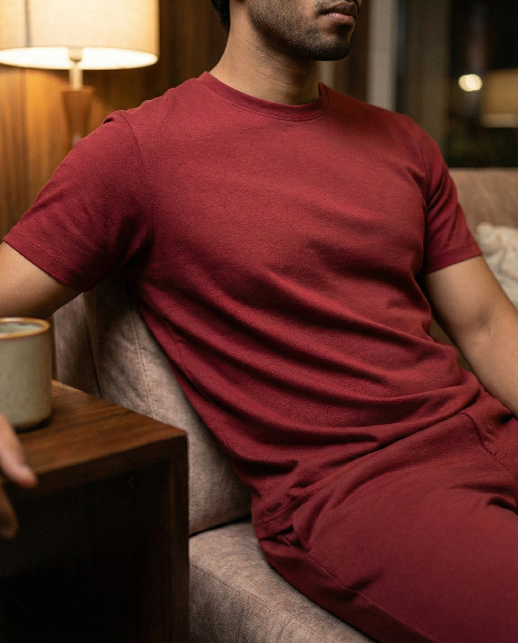 Wine maroon Cosmo half sleeve tee from Softsleep, made for men with breathable bamboo cotton for a soft and relaxed everyday feel.