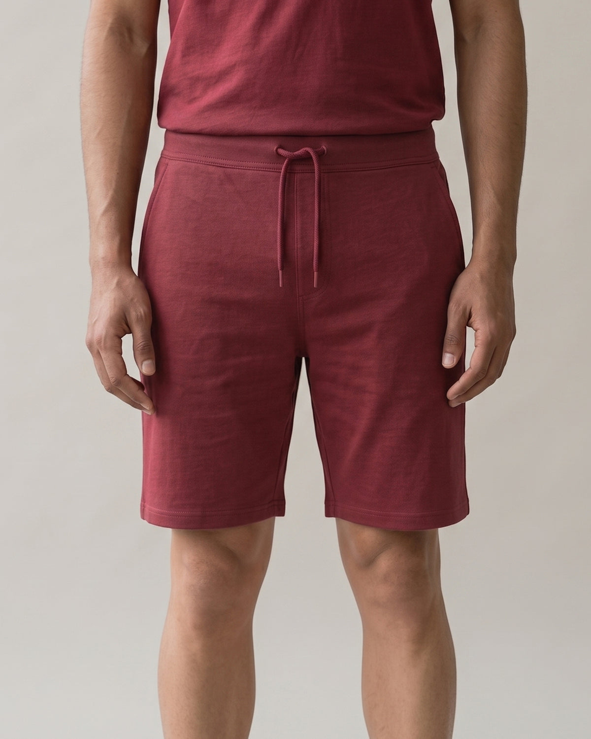Wine maroon Hushy lounge shorts for men from Softsleep, designed in soft bamboo cotton for easy movement and laid-back comfort.