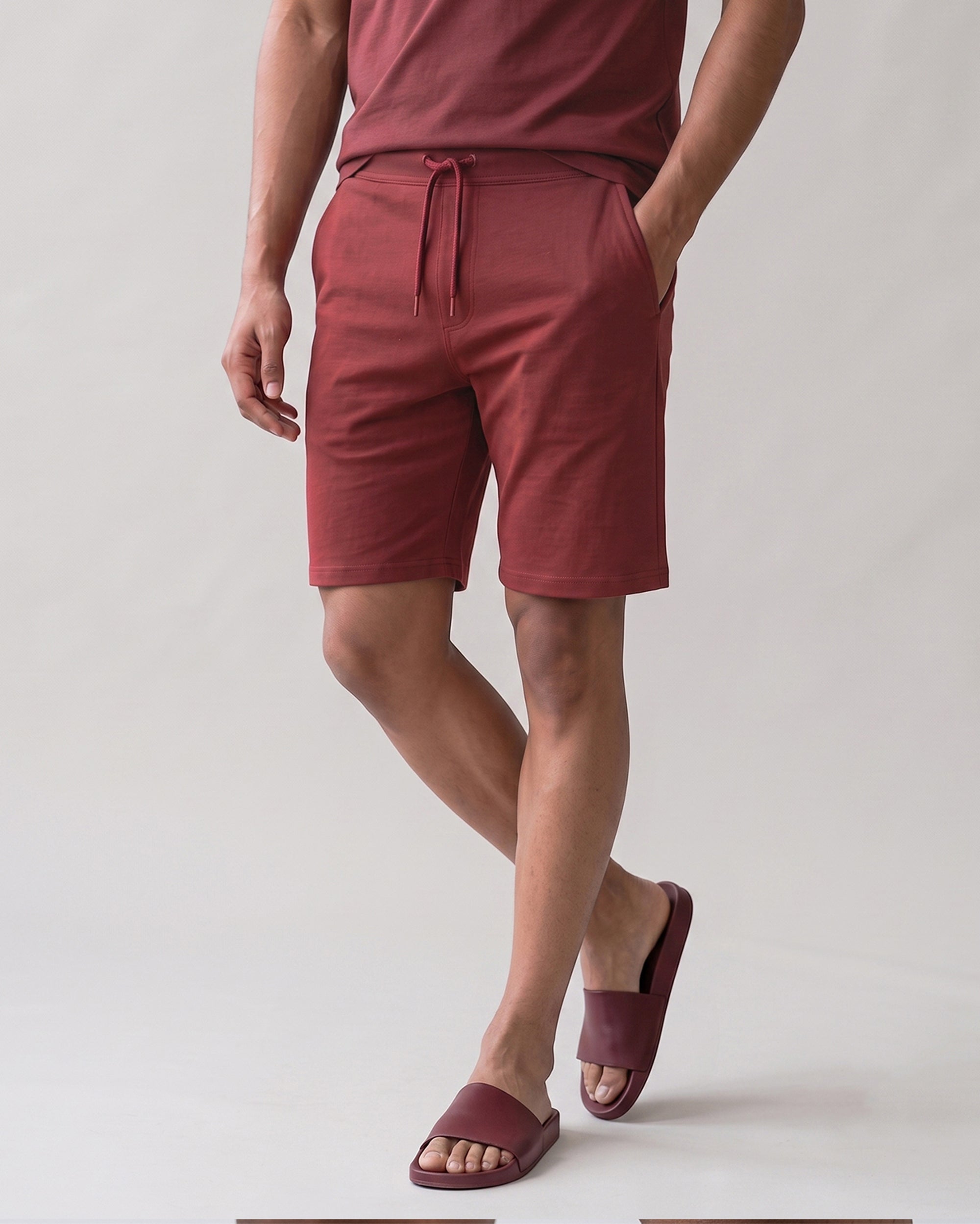 Men's wine maroon Hushy lounge shorts by Softsleep, made from bamboo cotton for relaxed movement and a naturally comfortable feel.