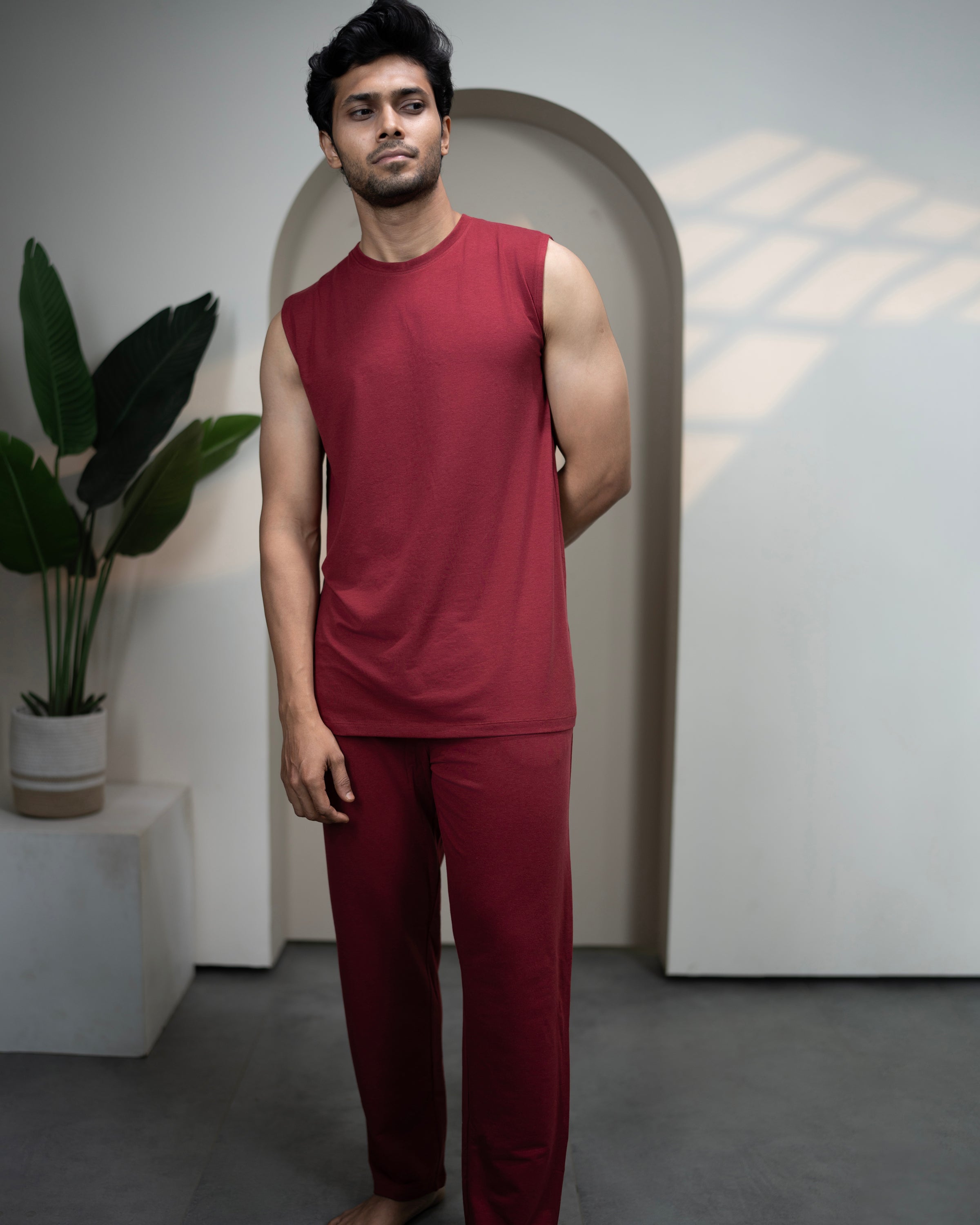 SoftSleep mens AirKnit tee and pant in Wine Maroon
Ultra soft sustainable set for all day relaxation
