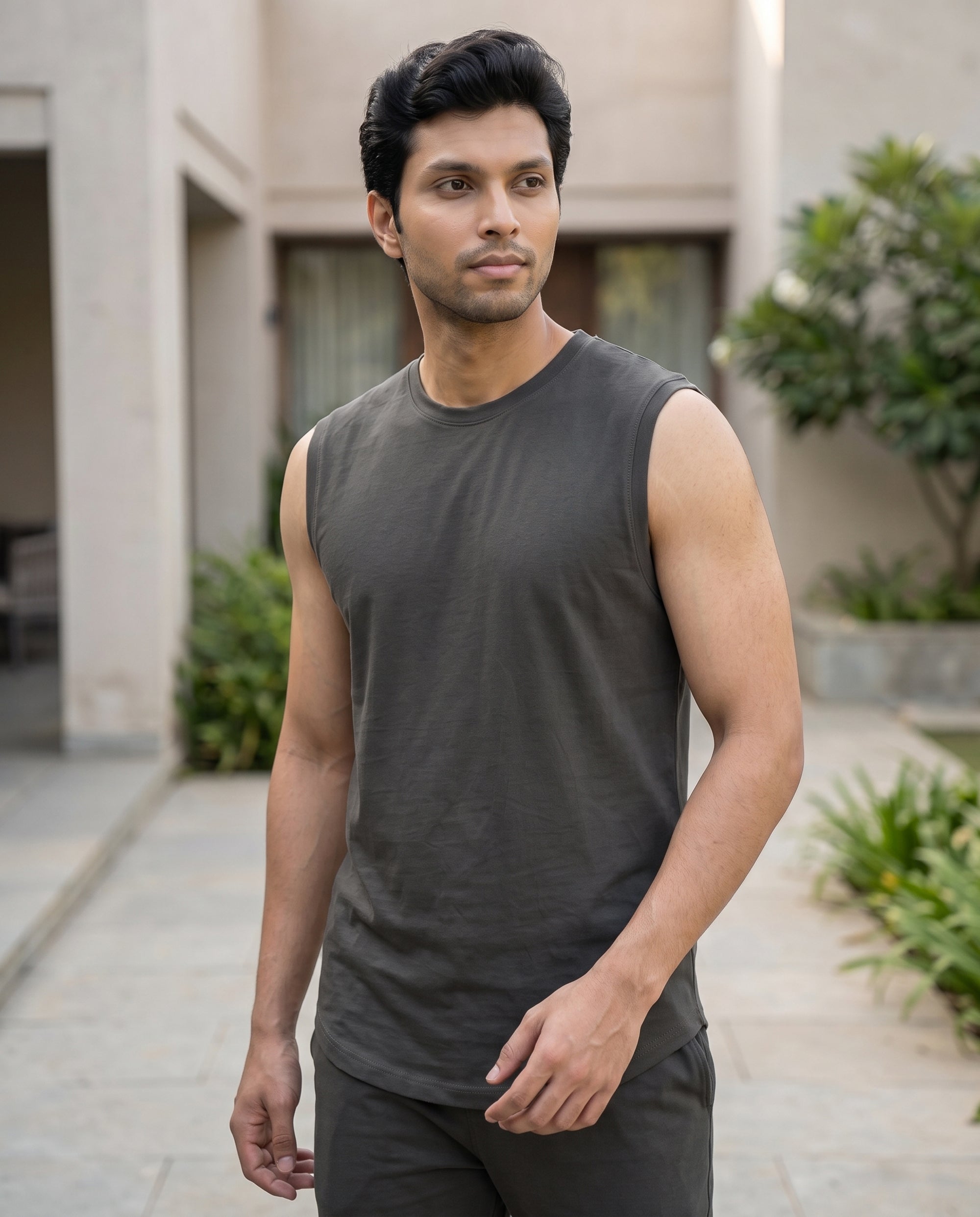A men's charcoal Airknit sleeveless design from Softsleep, using breathable bamboo cotton to deliver a light and comfortable feel.