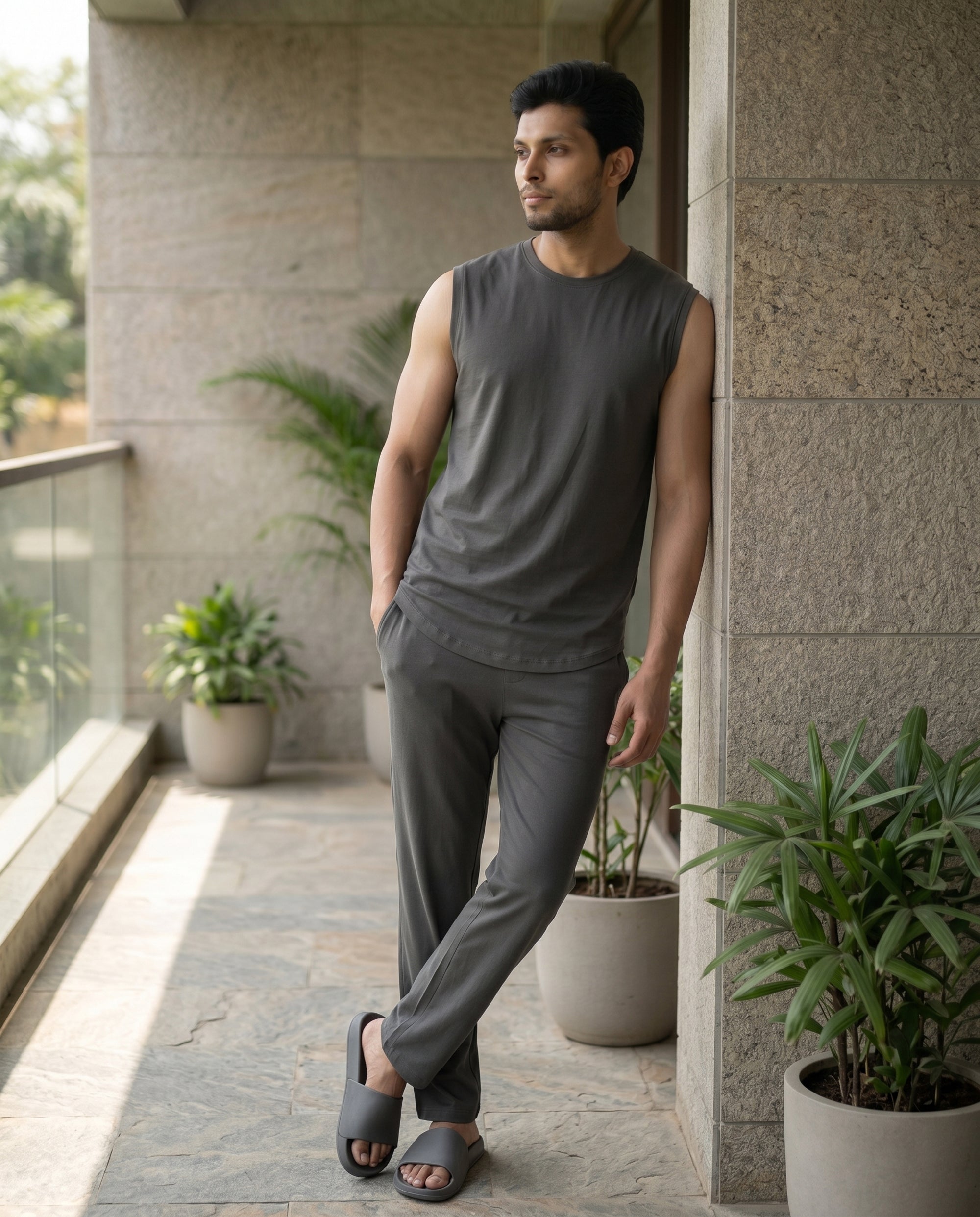 A men's charcoal Airknit sleeveless top from Softsleep, crafted in breathable bamboo cotton for relaxed everyday comfort.
